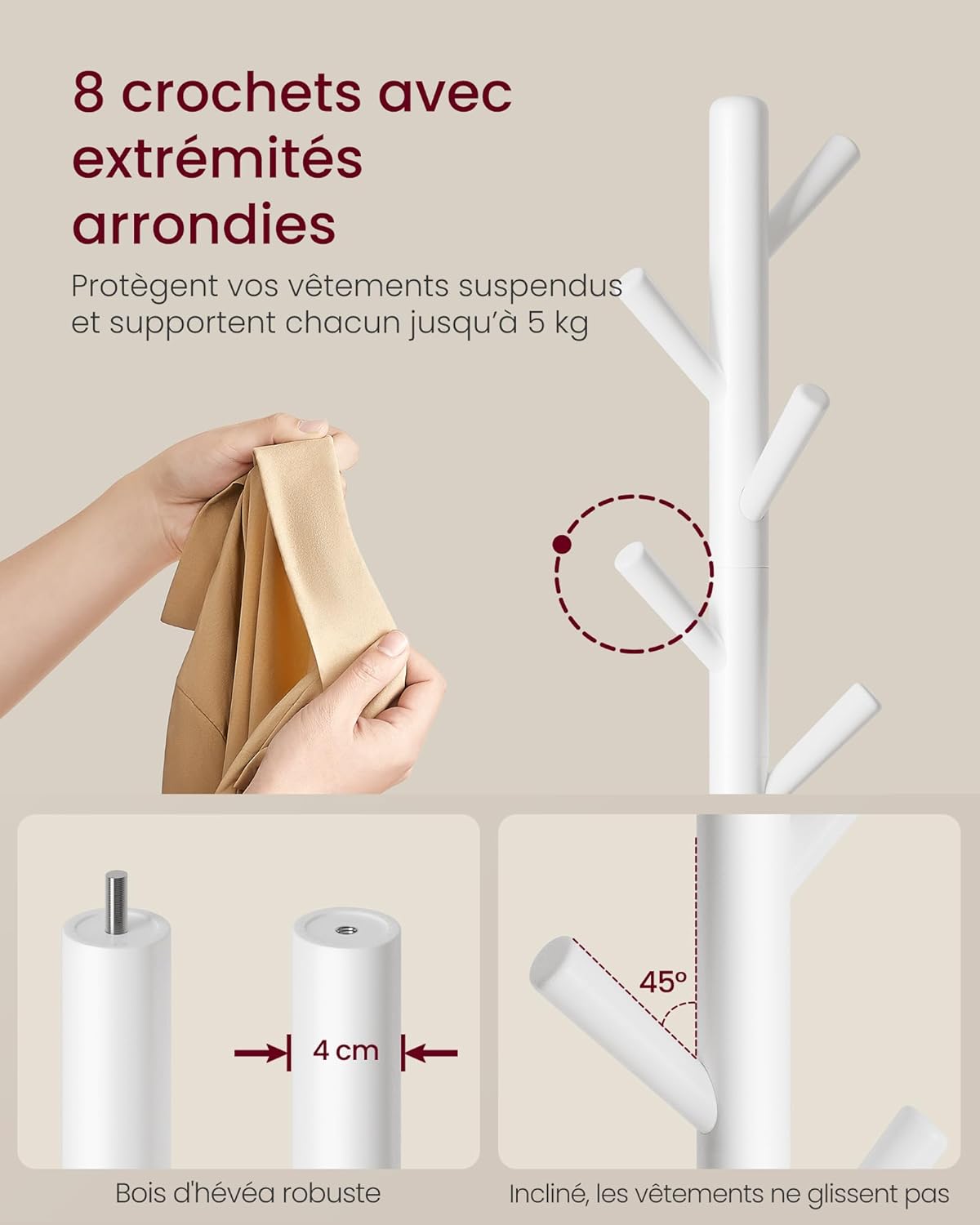 Detalle de VASAGLE Portemanteau en bois Hévéa – Portant à Vêtements sur pieds, 8 crochets, blanc nuage RCR009WH01