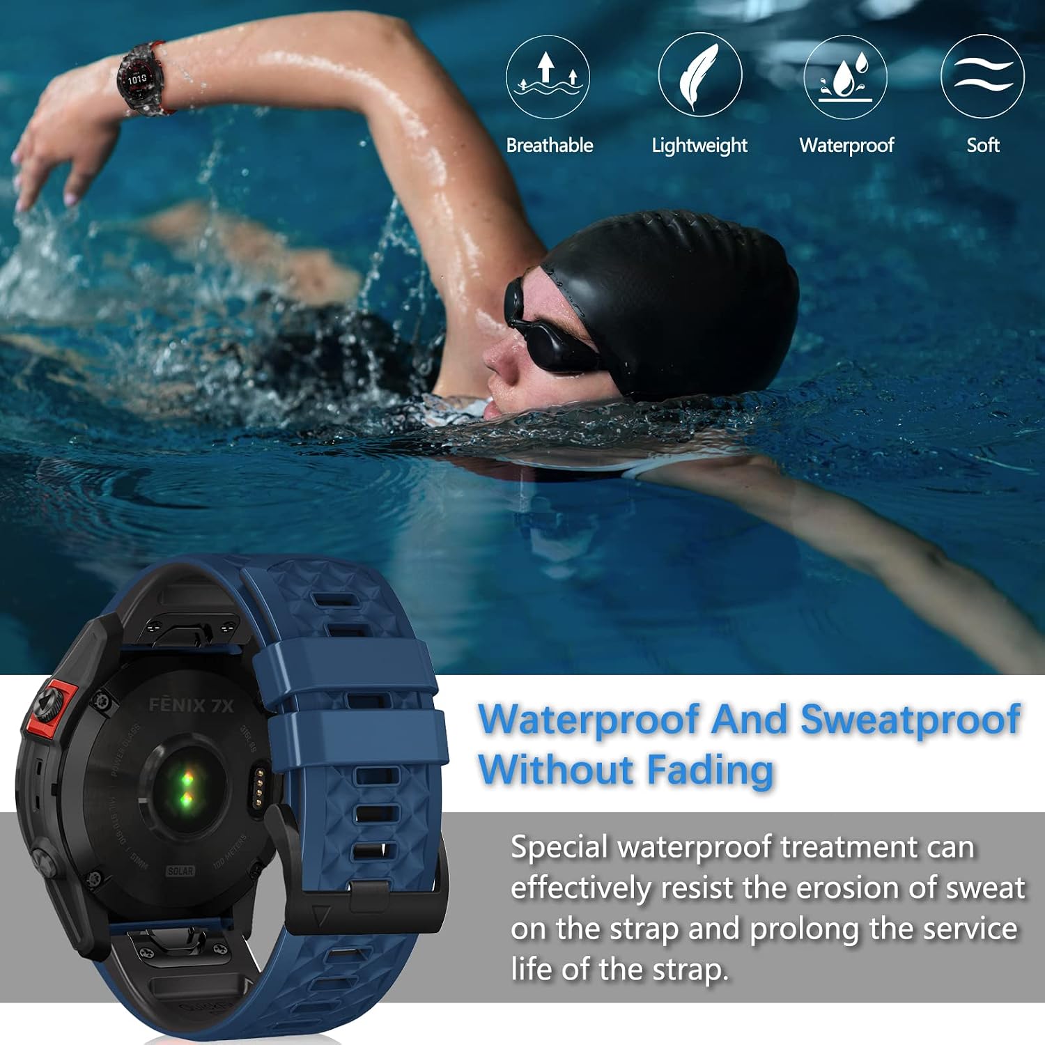Detalle de LanQii 26mm QuickFit Silikon-Armband für Garmin (QuickFit) – Ersatzband in Blau/Schwarz