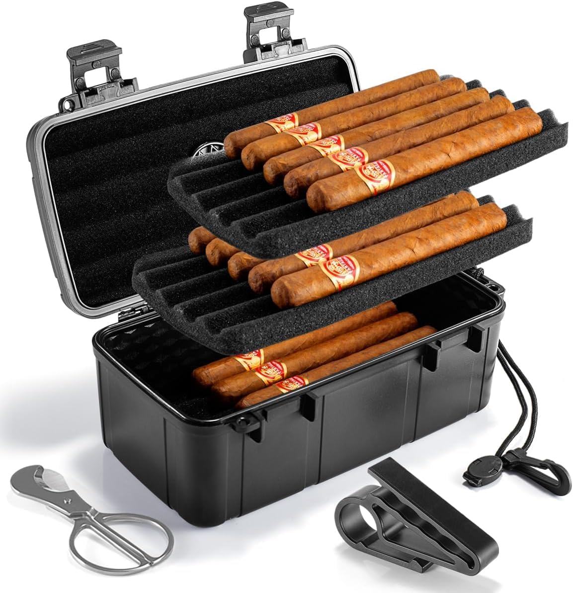 Detalle de Marvero Marvero-Cigar-11 draagbare sigarenkist met luchtbevochtiger en golfhouder