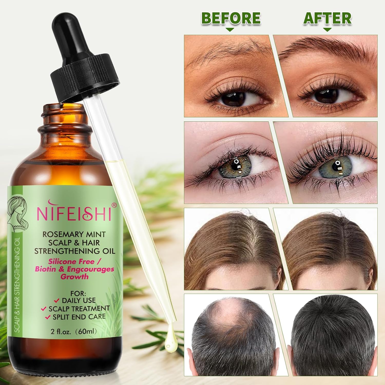Detalle de Rosmarinöl Haare – 60 ml mit Kopfhautmassage und vielseitigem Einsatz für Haare, Augenbrauen und Wimpern