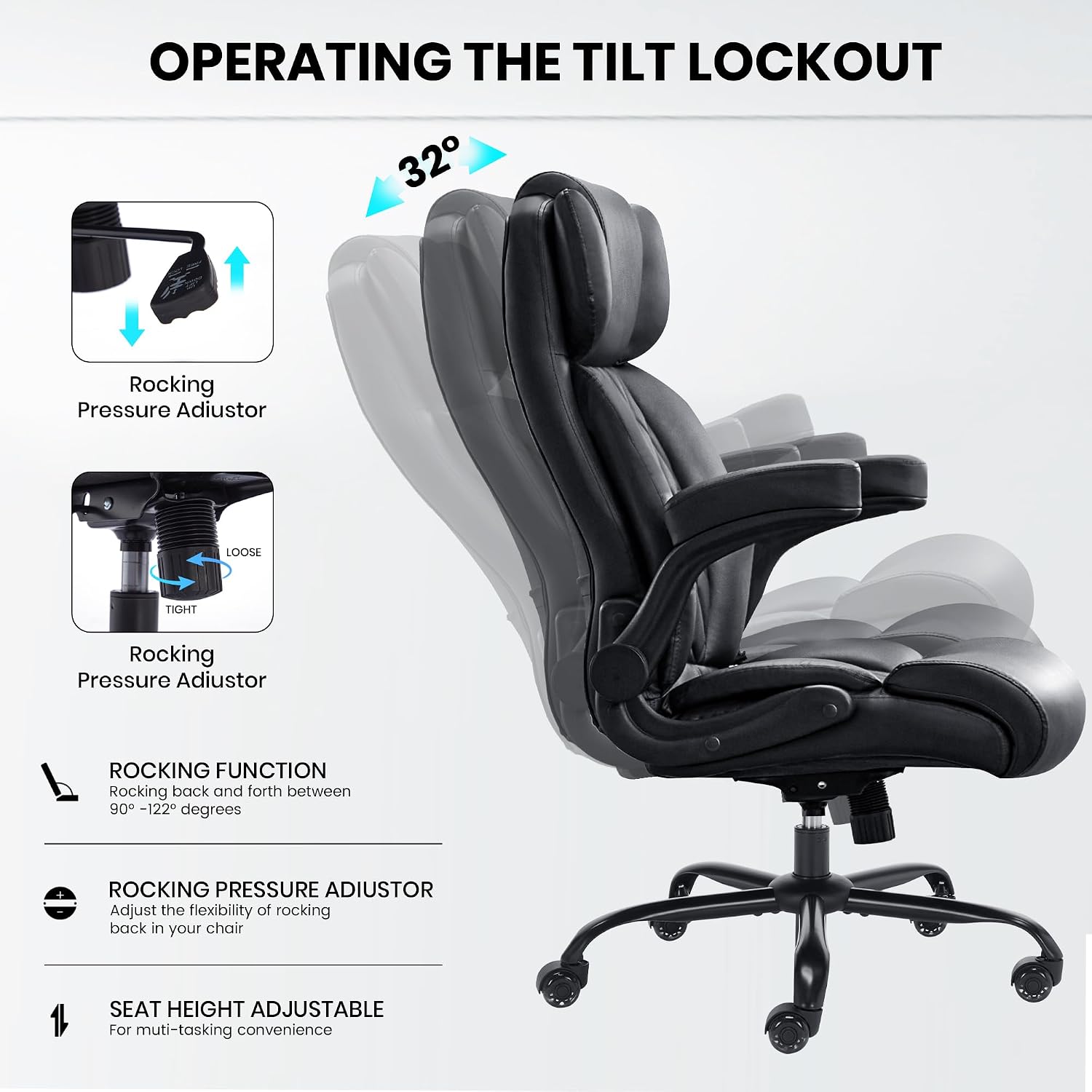 Detalle de Cloomey 001 500 lb Big and Tall Office Chair, Extra-Wide Seat, Inflatable Lumbar Support
