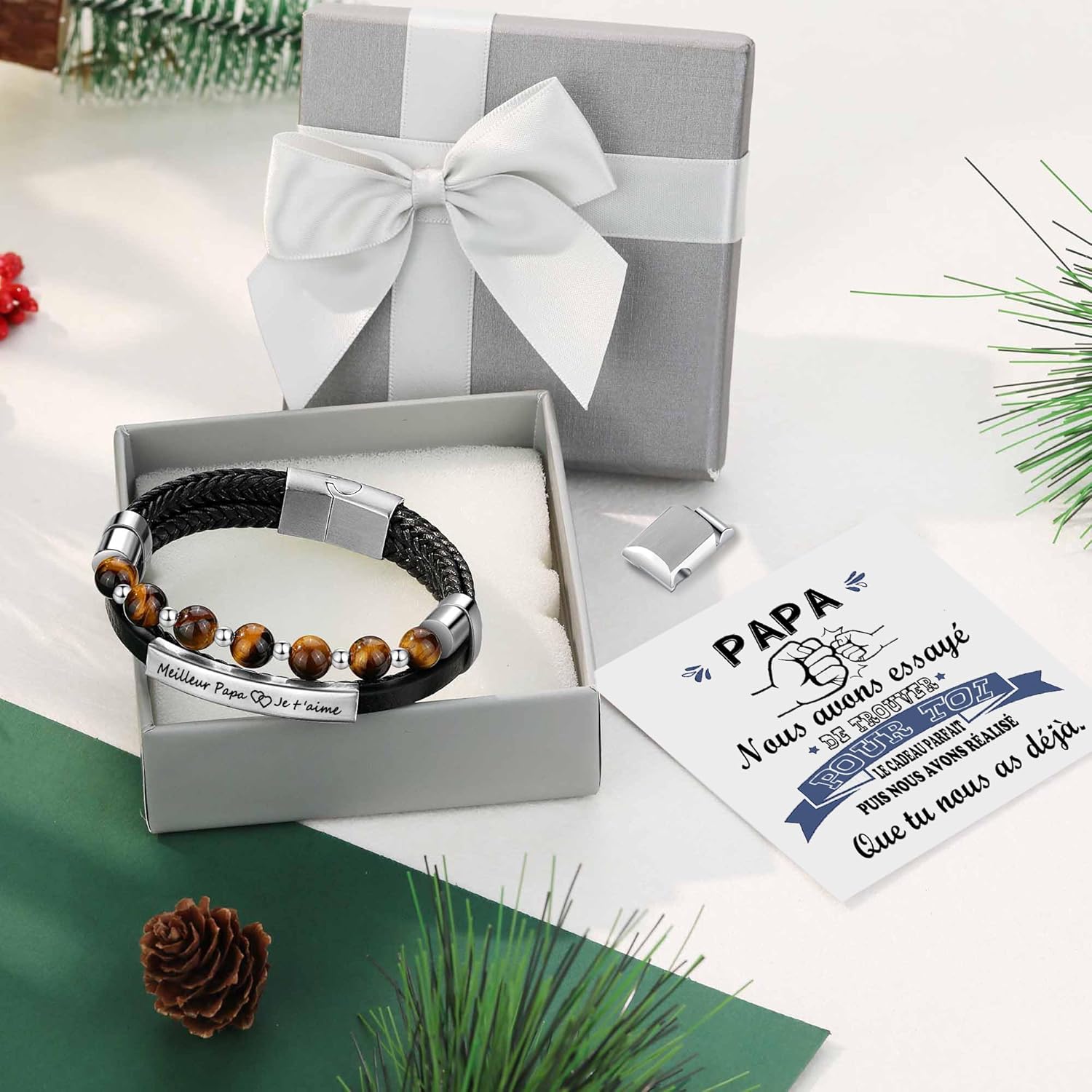 Thumbnail 6 de Jbniuay Cadeau Homme – Bracelet en cuir triple avec perles naturelles