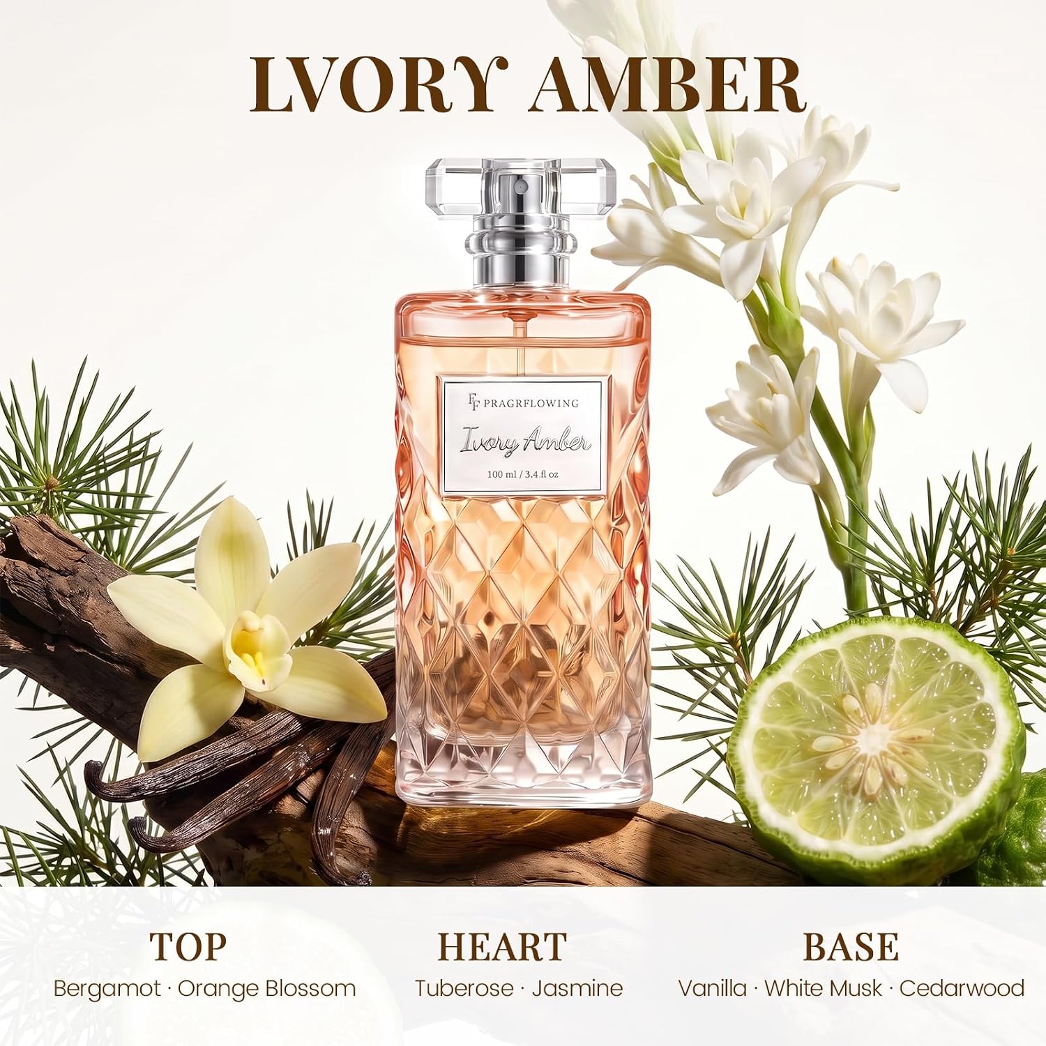 Detalle de FF FRAGRFLOWING Ivory Amber Perfume for Women, Alcohol-Free Floral, 3.4 Fl Oz