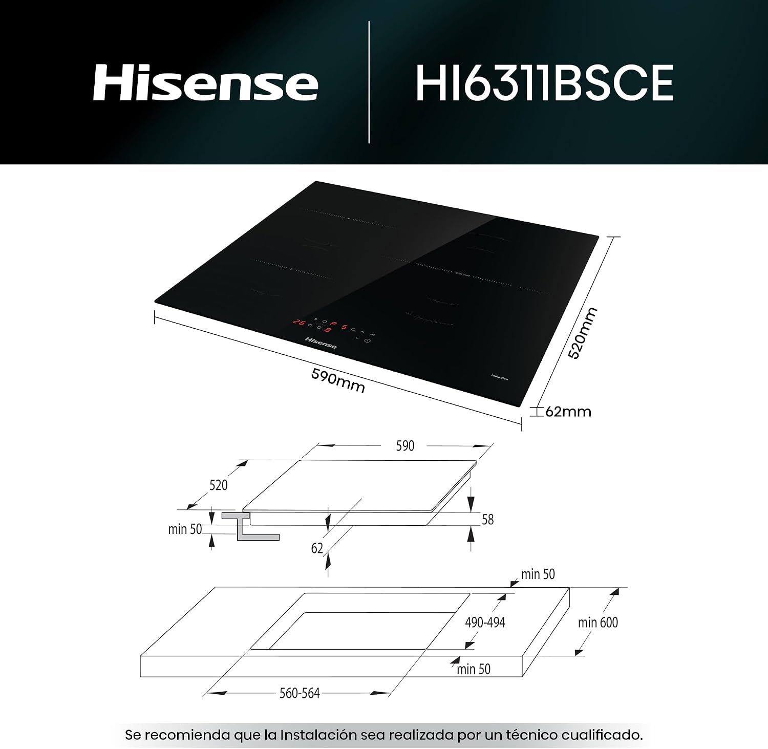 Detalle 2 de Hisense HI6311BSCE Placa Inducción 3 Fuegos