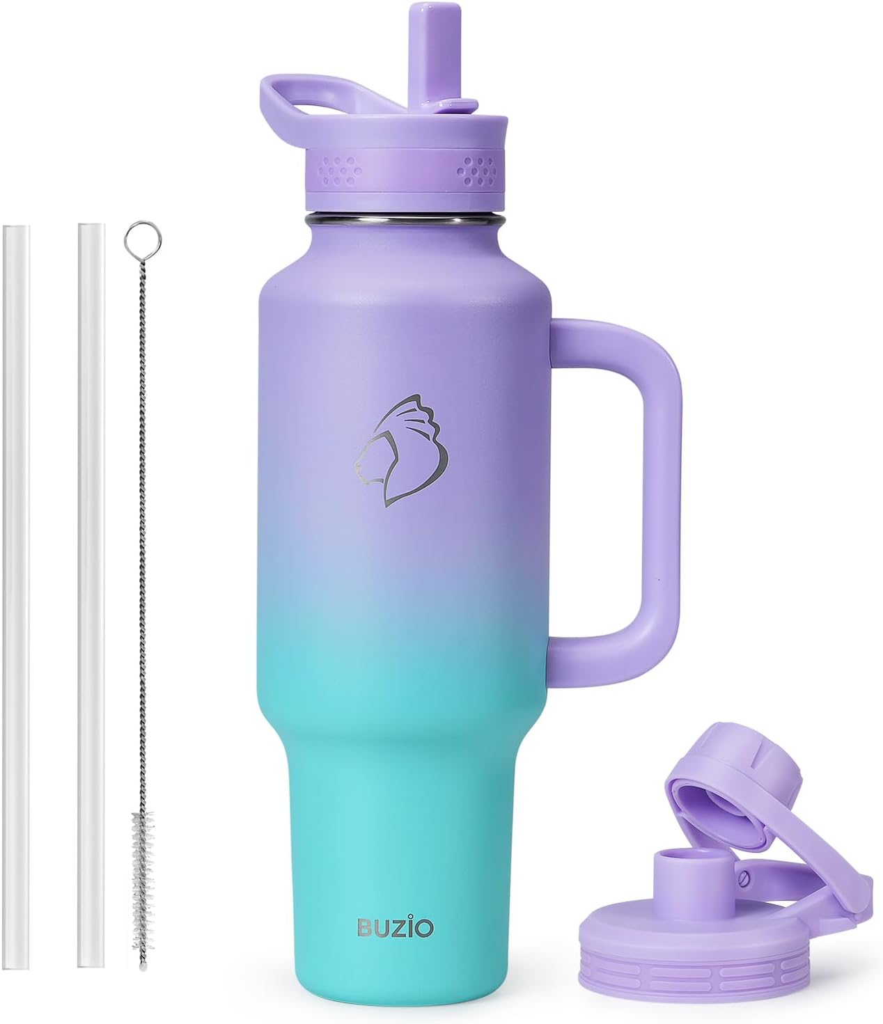 Detalle de BUZIO Isolierte Wasserflasche mit Becherhalterfreundlich, 40oz – Thermo-Becher mit Griff, spülmaschinenfest, hält 48 Std. kalt