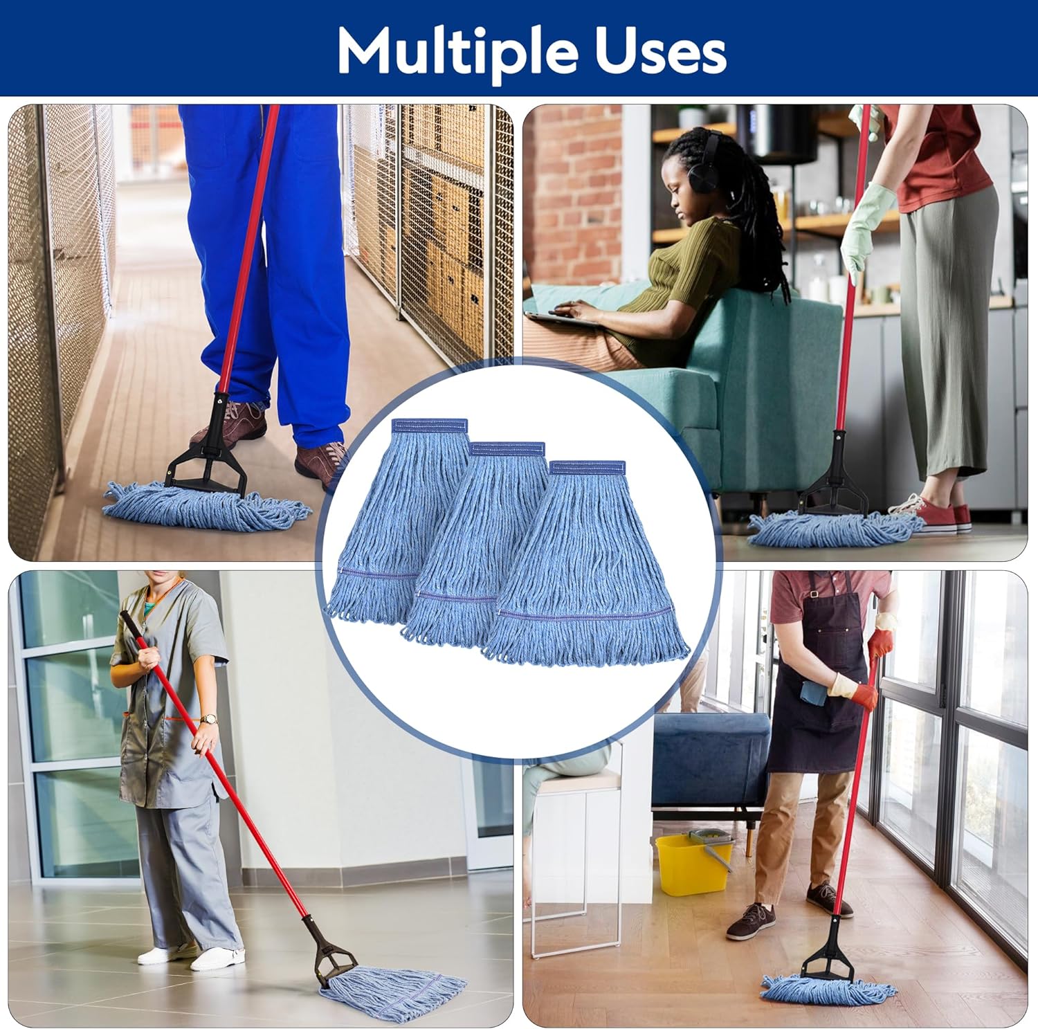 Detalle 1 de L Luke Supply Matthew Cleaning Heavy Duty Mop Head Replacement (Pack of 3) – Wet Industrial Blue Cotton Loop-End String Refill