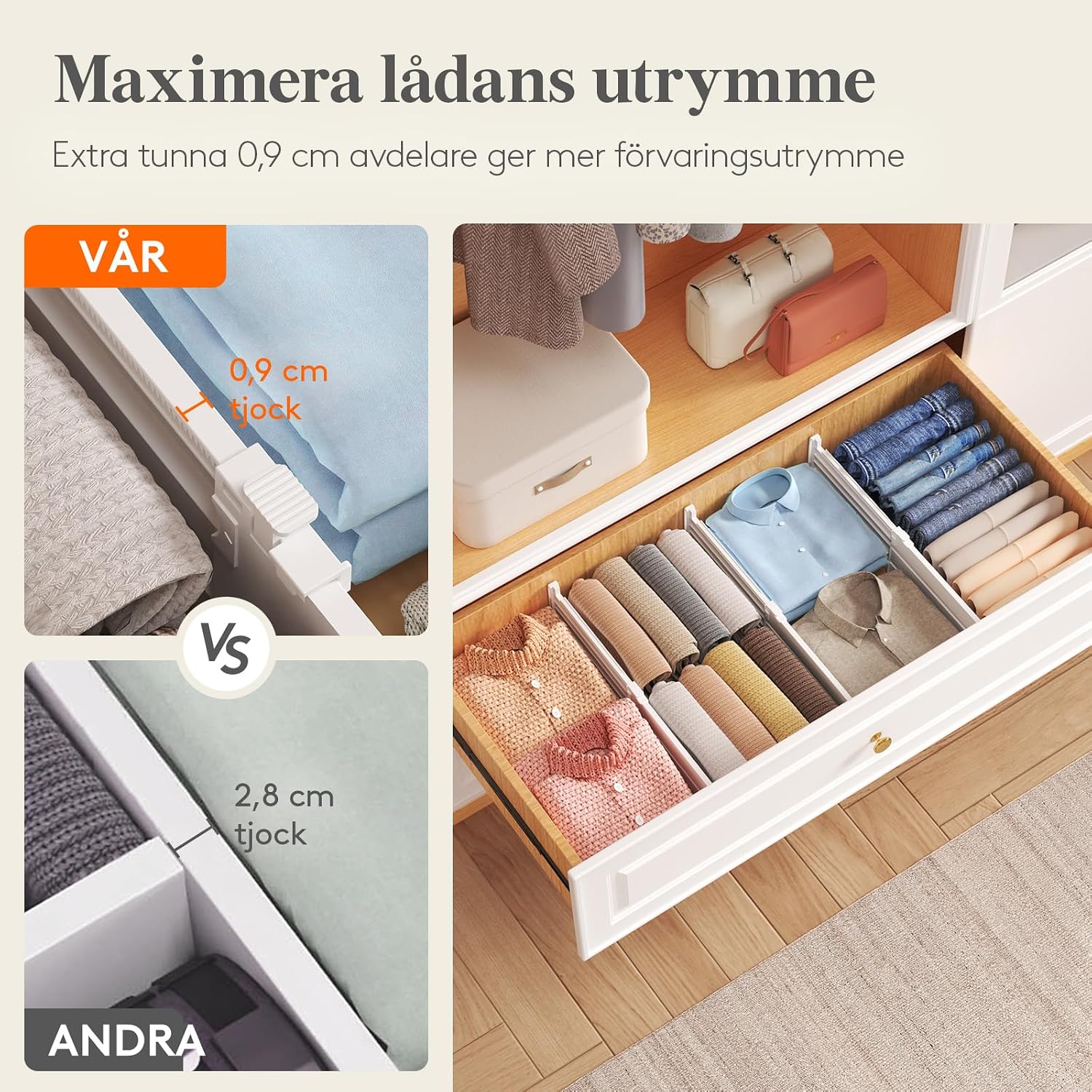 Detalle 2 de Lifewit 25055 justerbara lådavdelare, 4-pack, vita, 29,5–47 cm