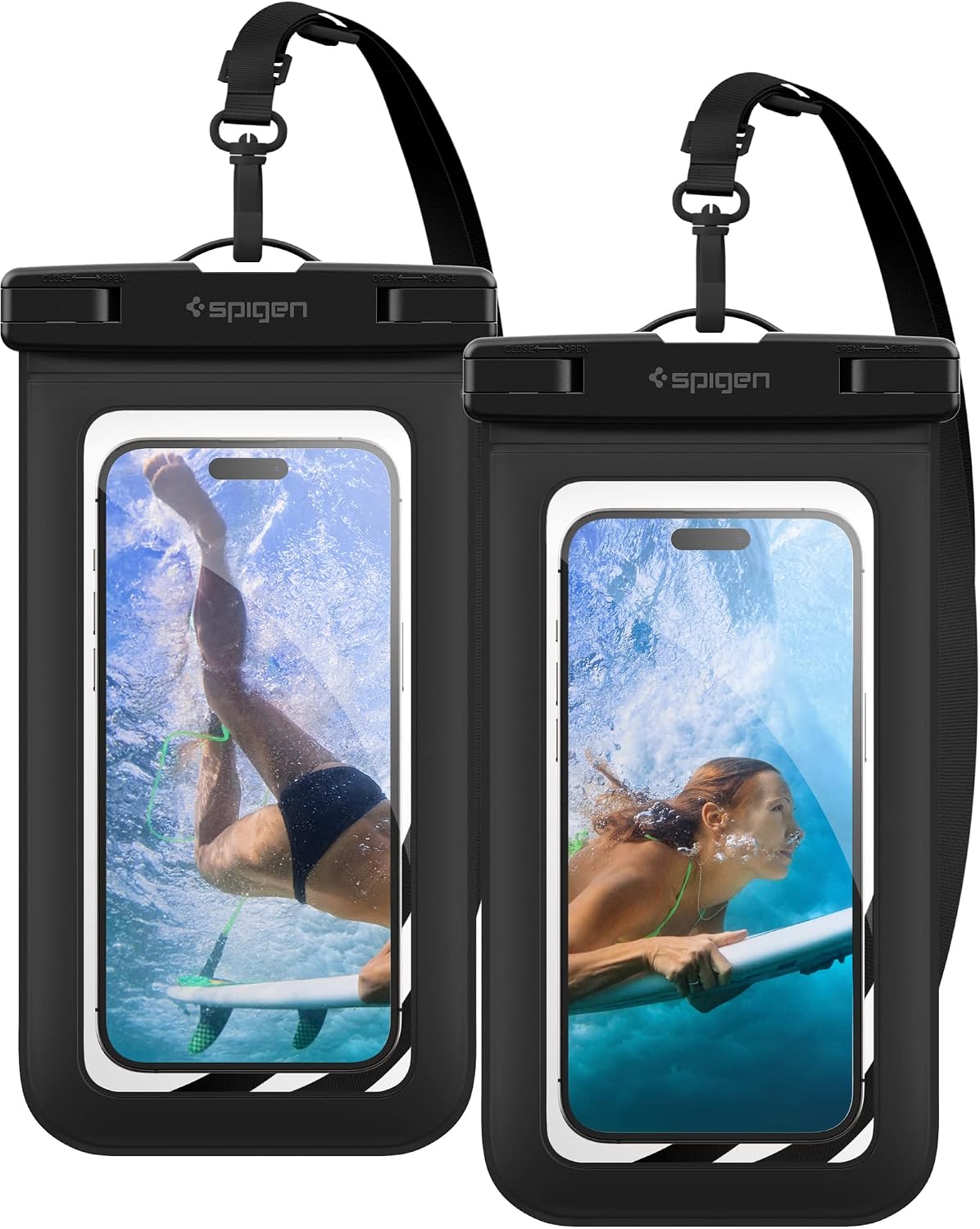 Detalle de Spigen Aqua Shield A601 custodia impermeabile IPX8 per smartphone fino a 7,0" (2 pezzi) con tracolla, finestra trasparente e cover a sacchetto marino