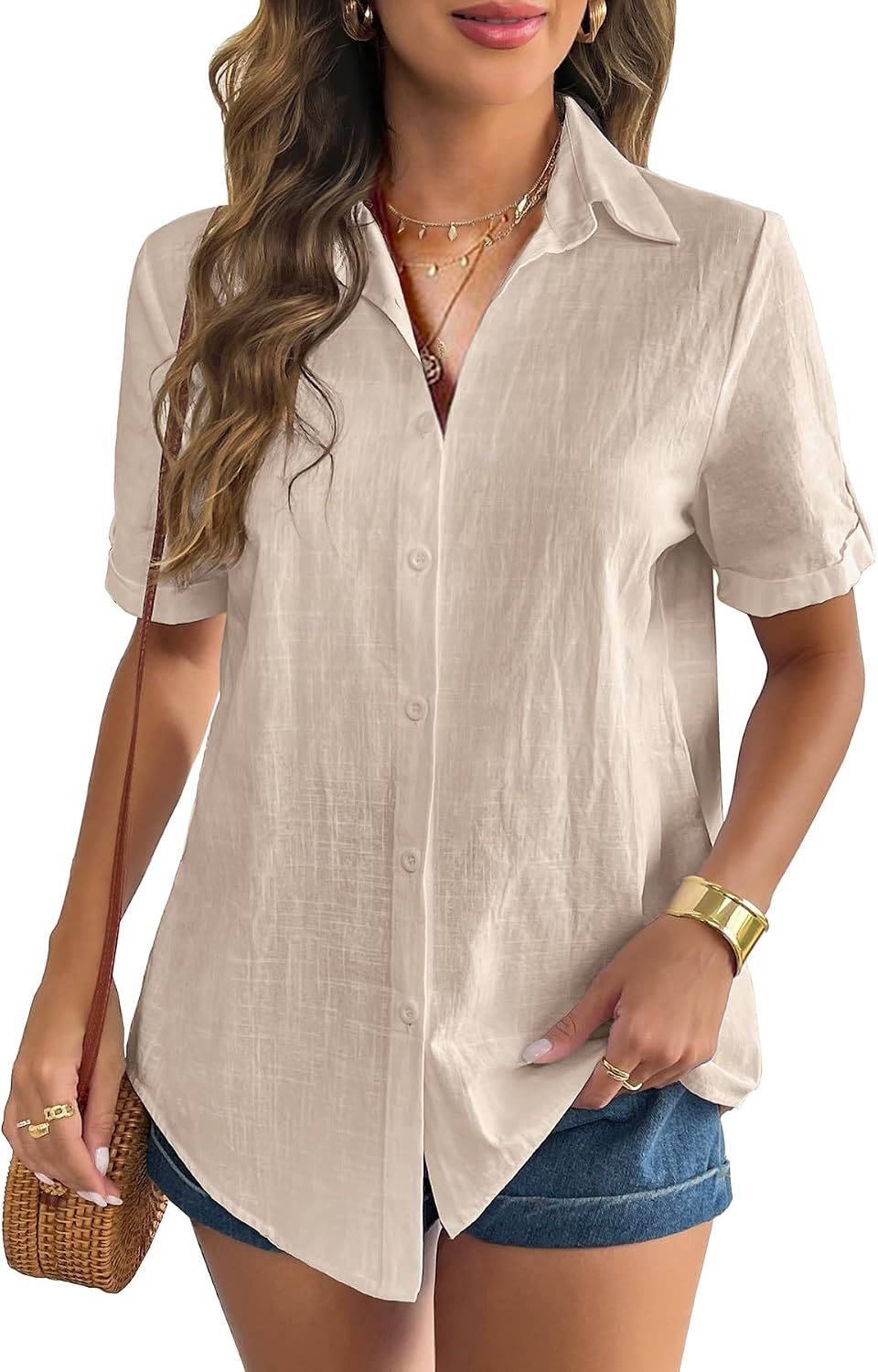 Detalle de Zeagoo Women’s Cotton-Linen Button Down Shirt with Rolled Cuffs (V-Neck, Short Sleeve)