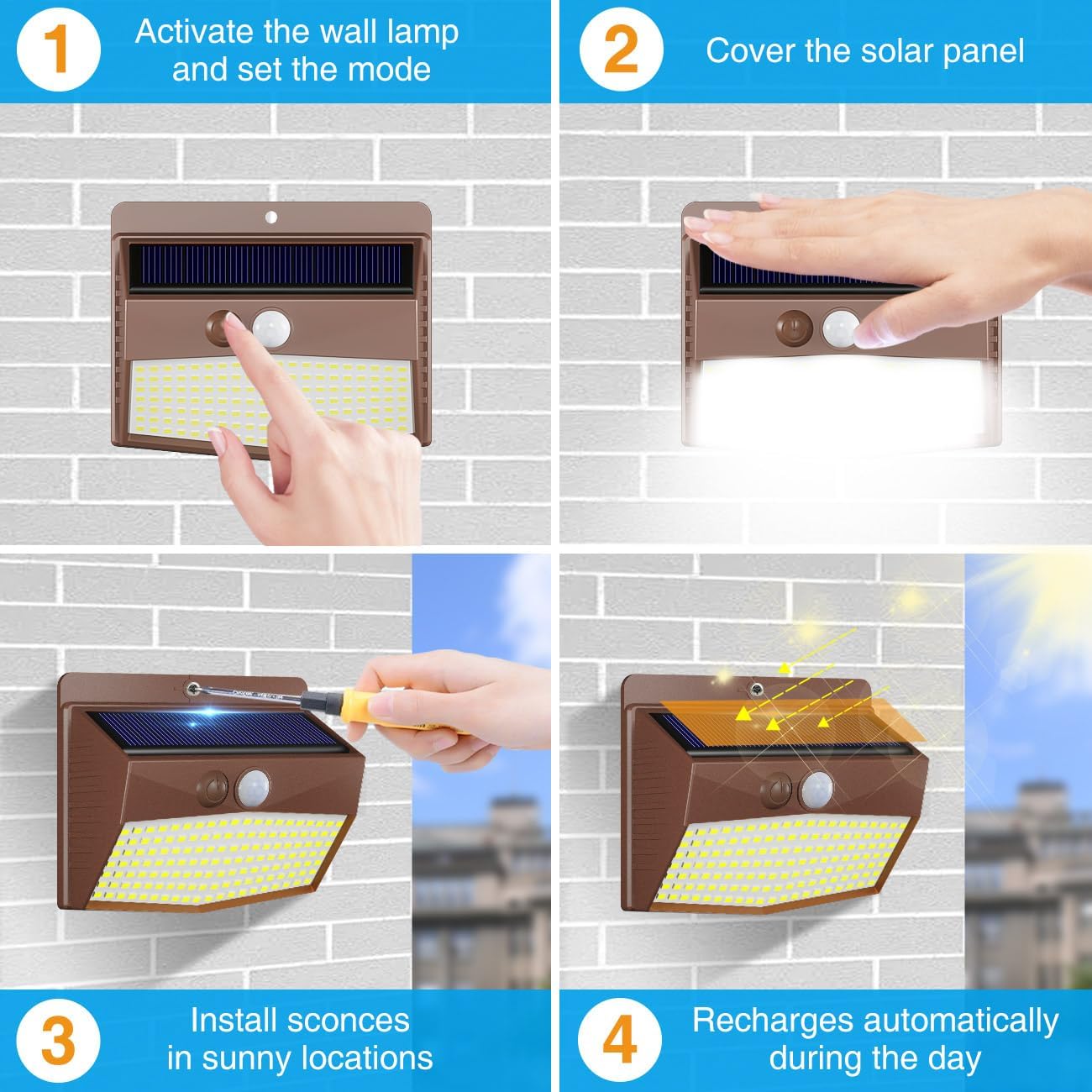 Thumbnail 4 de Peasur 3 Stück Solarlampen Außen mit Bewegungsmelder – 138 LED, IP65, 3 Modi, brauner Rahmen