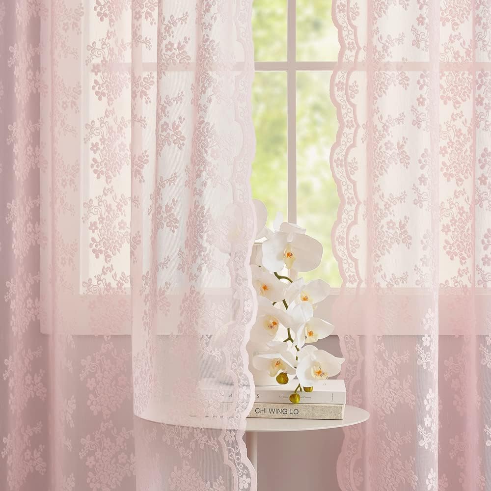 Detalle de YJ YANJUN Vintage Lace Curtains, Light Pink Floral Sheer, 52 x 80 Inches