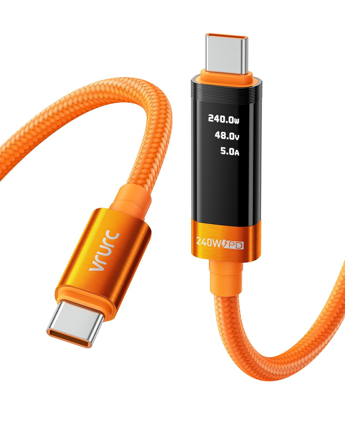 Detalle de VRURC 240W USB-C to USB-C Cable with LED Display: Fast PD Charging and Ultra-Durability