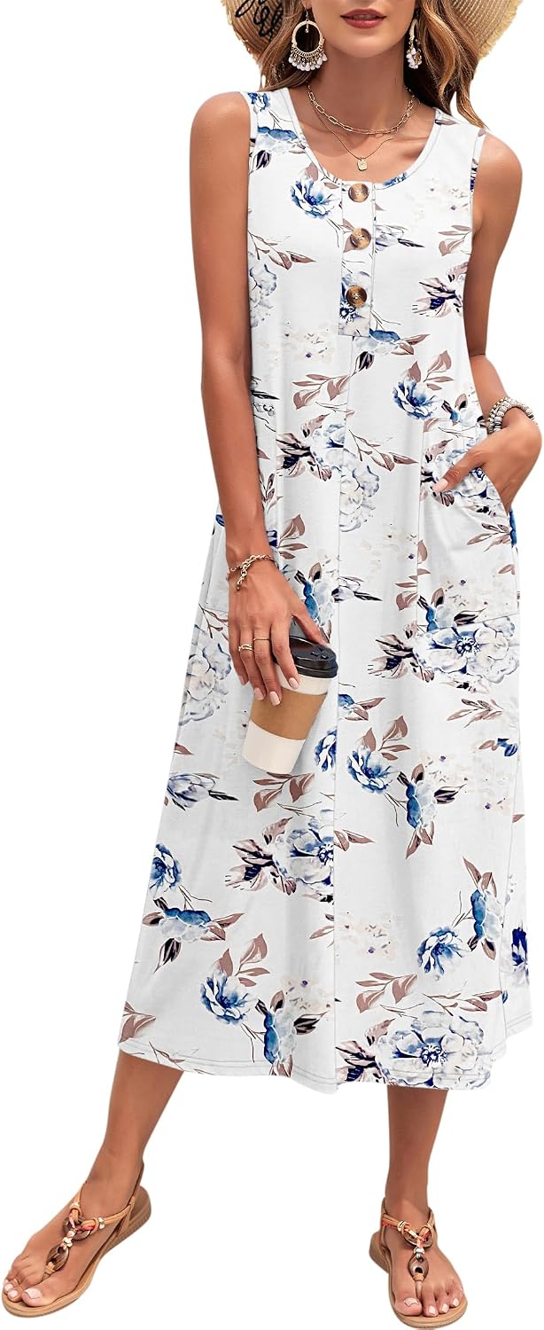 Detalle de MISFAY Women's Sleeveless Summer Maxi Dress with Side Pockets and Button Design