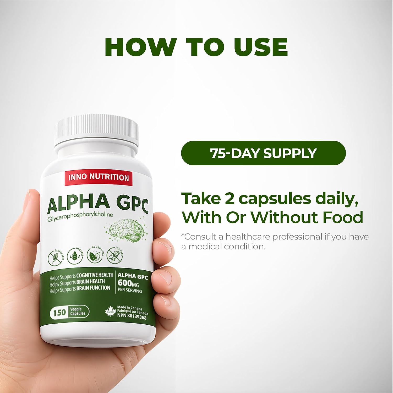 Detalle 2 de Inno Nutrition Life Research Alpha GPC 600 mg Capsules, 150 Count