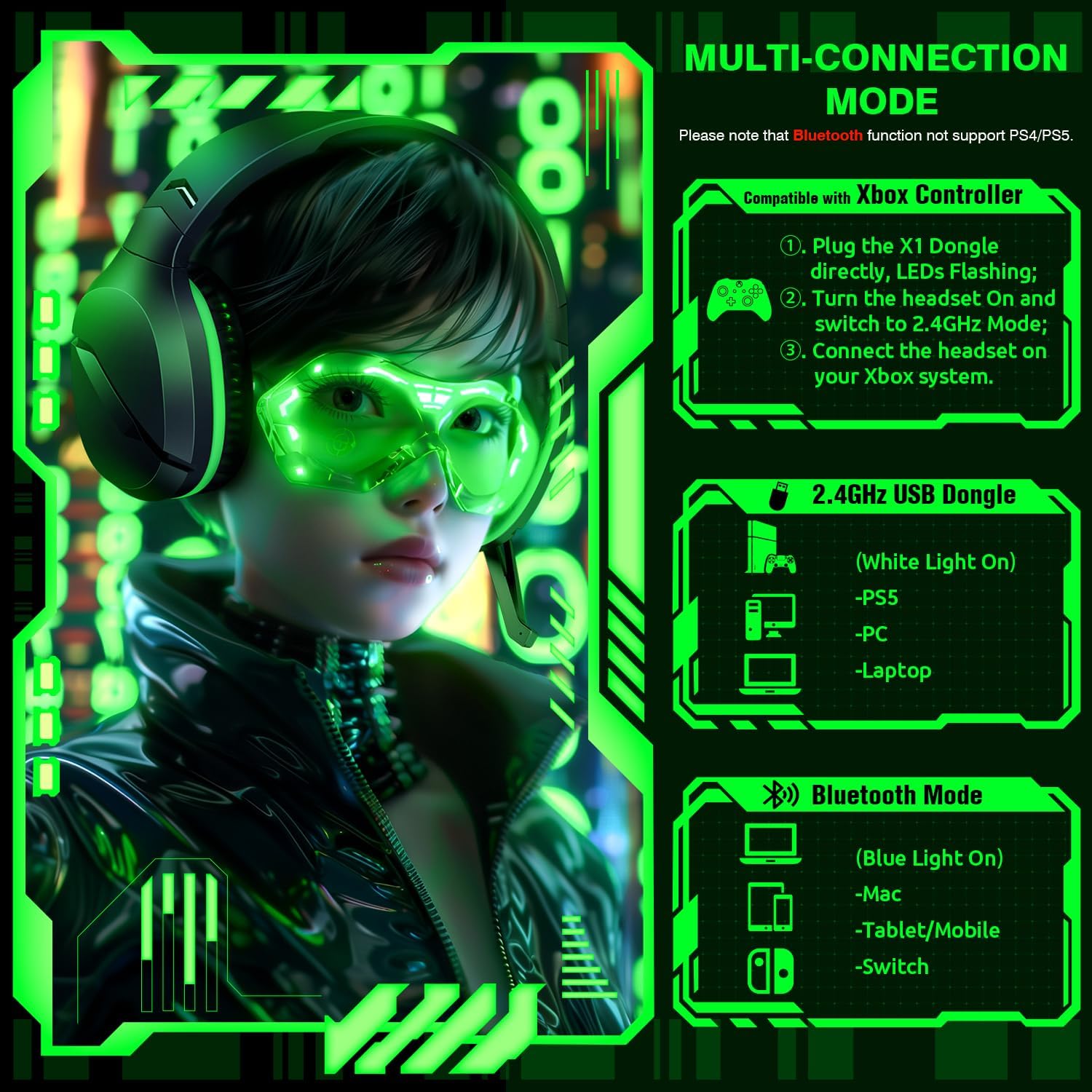 Thumbnail 5 de WolfLawS Wireless Gaming Headset: 2.4GHz + Bluetooth, 60H Battery, Noise-Canceling Mic for Xbox, PS5, PC, Mac, Switch