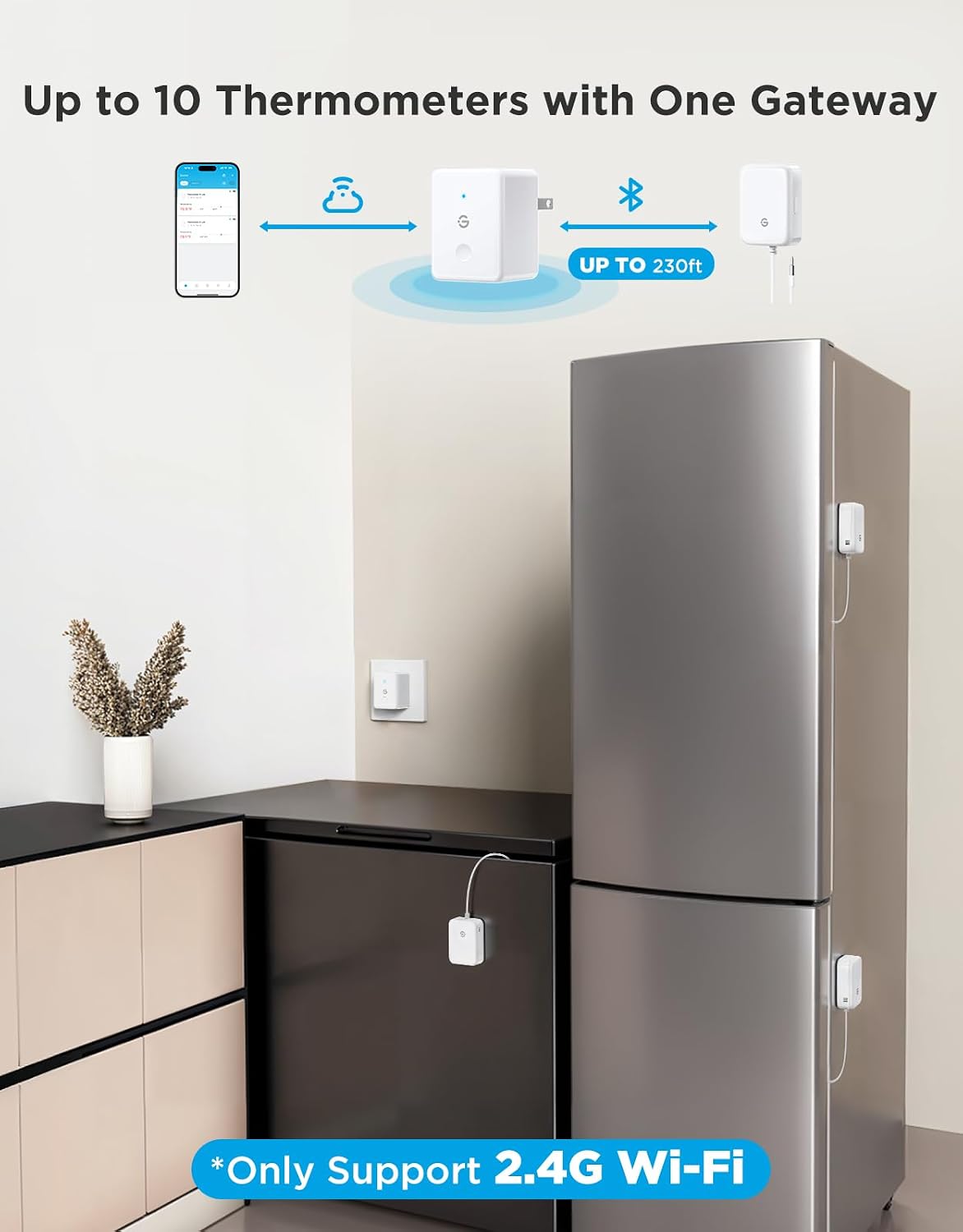 Detalle de GoveeLife H5111 WiFi Refrigerator Thermometer with Alarm, App Alerts & Gateway