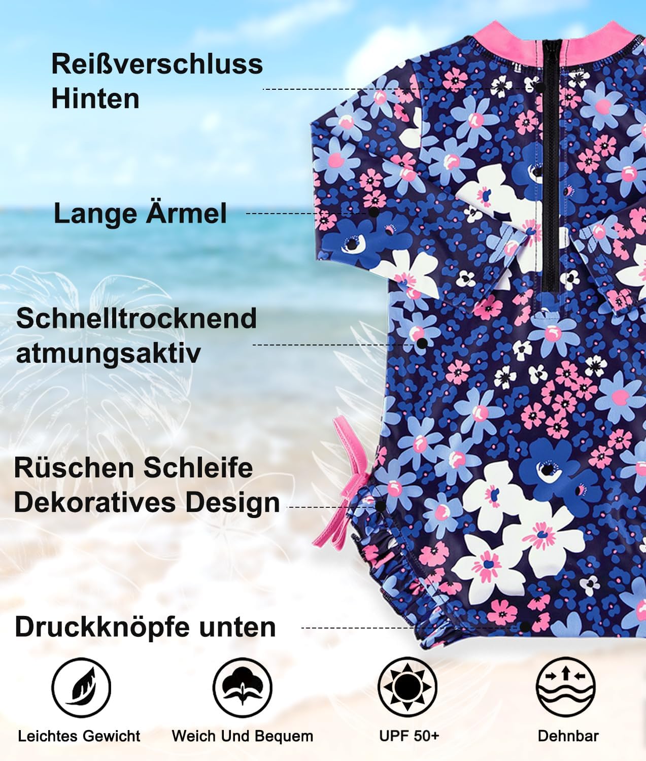 Detalle de BesserBay Baby Mädchen Rash Guard Einteiler mit UPF 50+ (Langarm, 0–36 Monate)