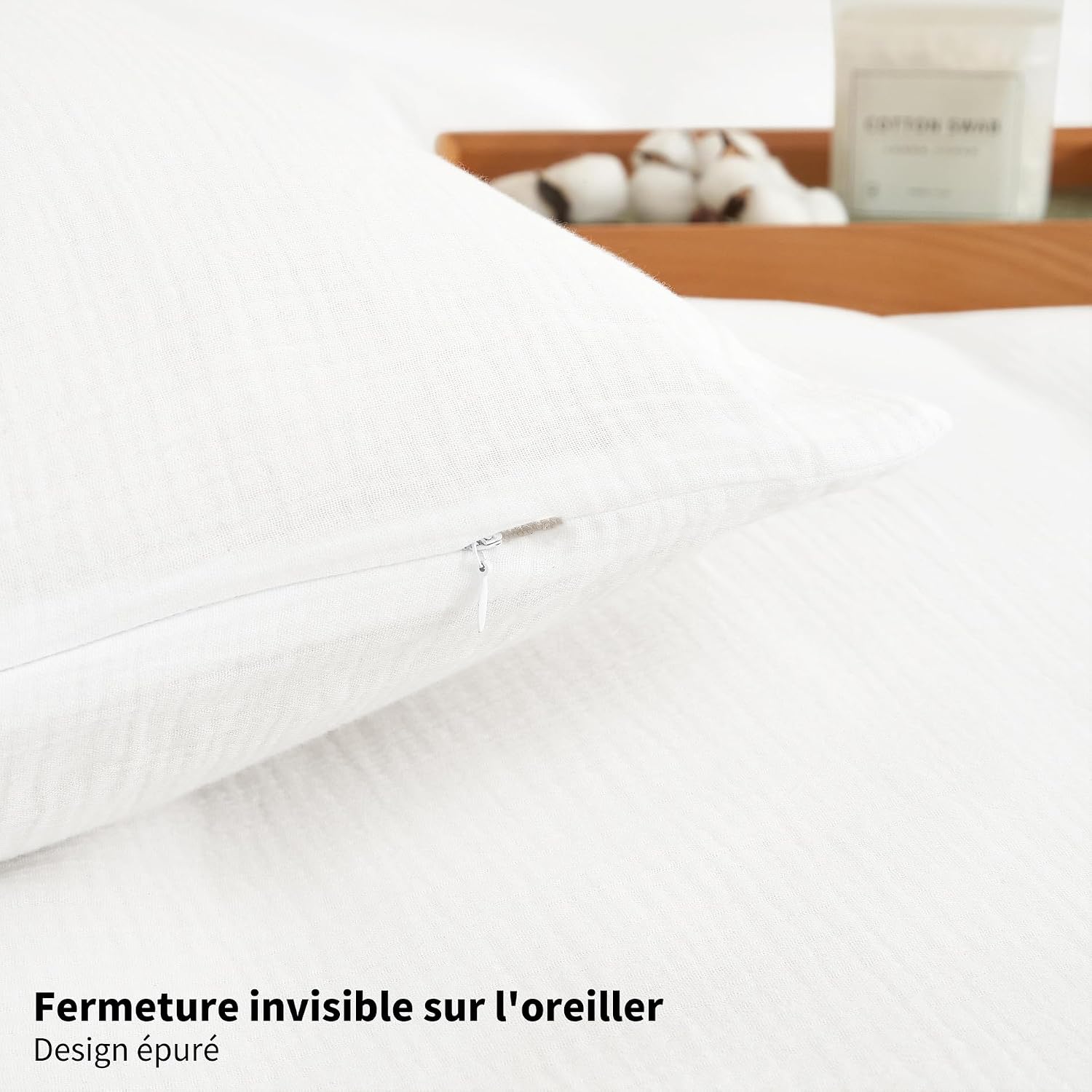 Thumbnail 6 de YASMENG Parure de lit double en gaze de coton 240x260 blanc, housse de couette zippée et taie 65x65