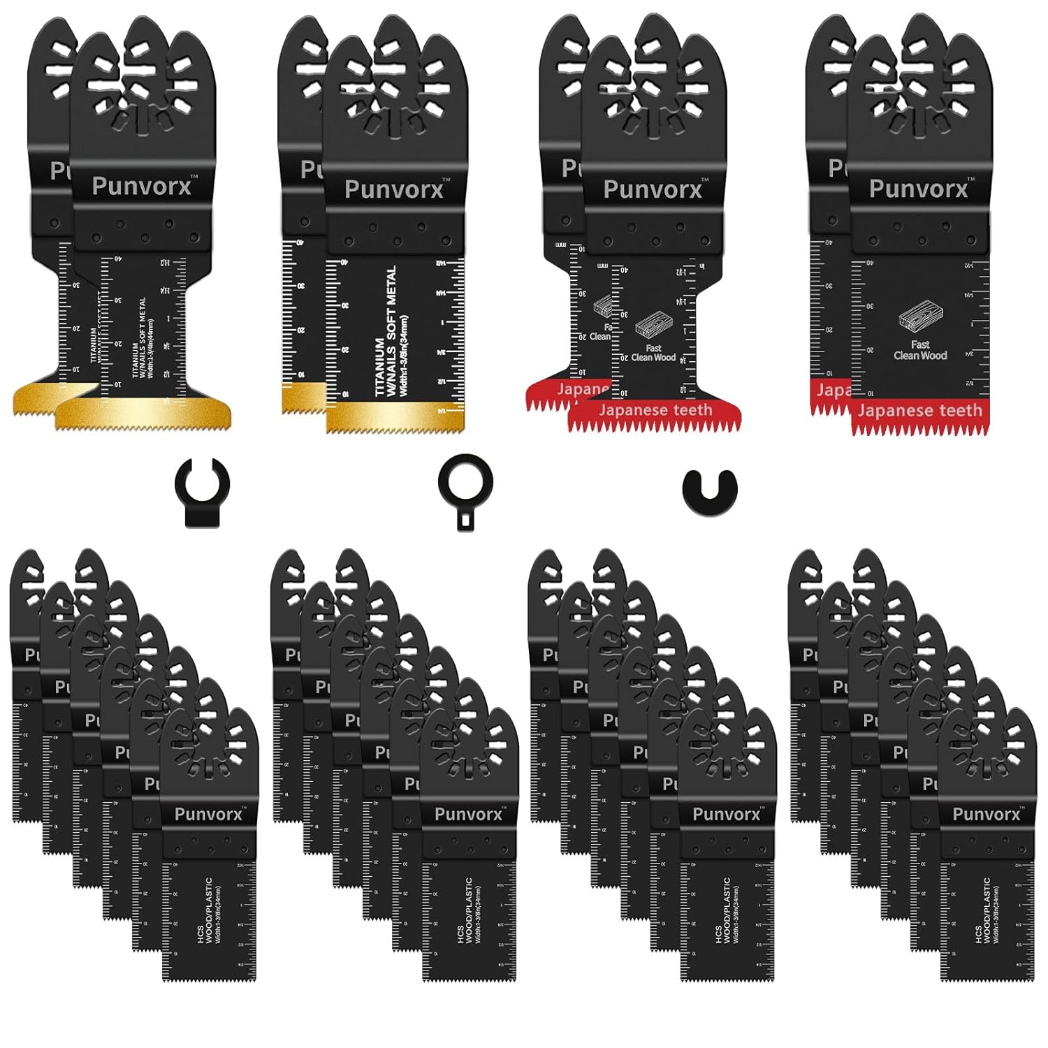 Punvorx 32Pcs Titanium & HCS Multi Tool Blades with Japanese-Teeth for Wood Metal Nails Cutting – Universal Quick-Release Oscillating Blade Set