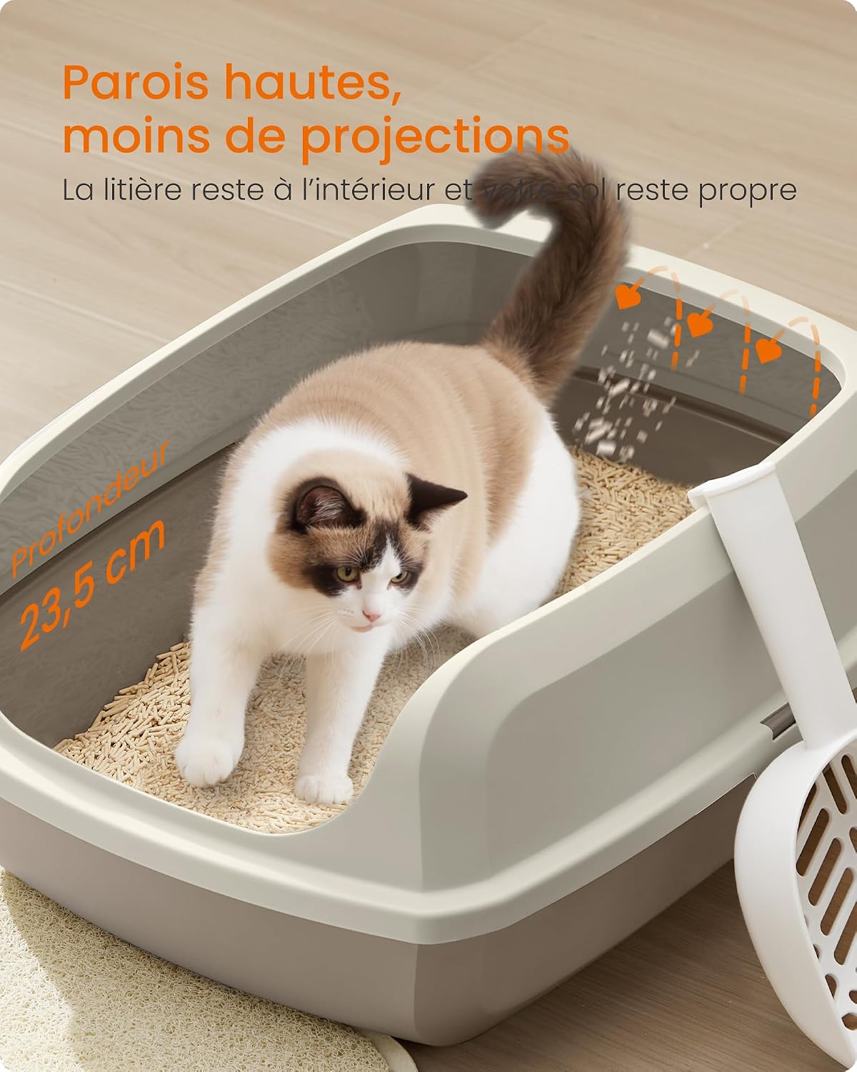 Detalle de Feandrea bac à litière XXL pour chat à parois hautes, ouvert sur le dessus, avec pelle (beige cappuccino) PPT010LH01