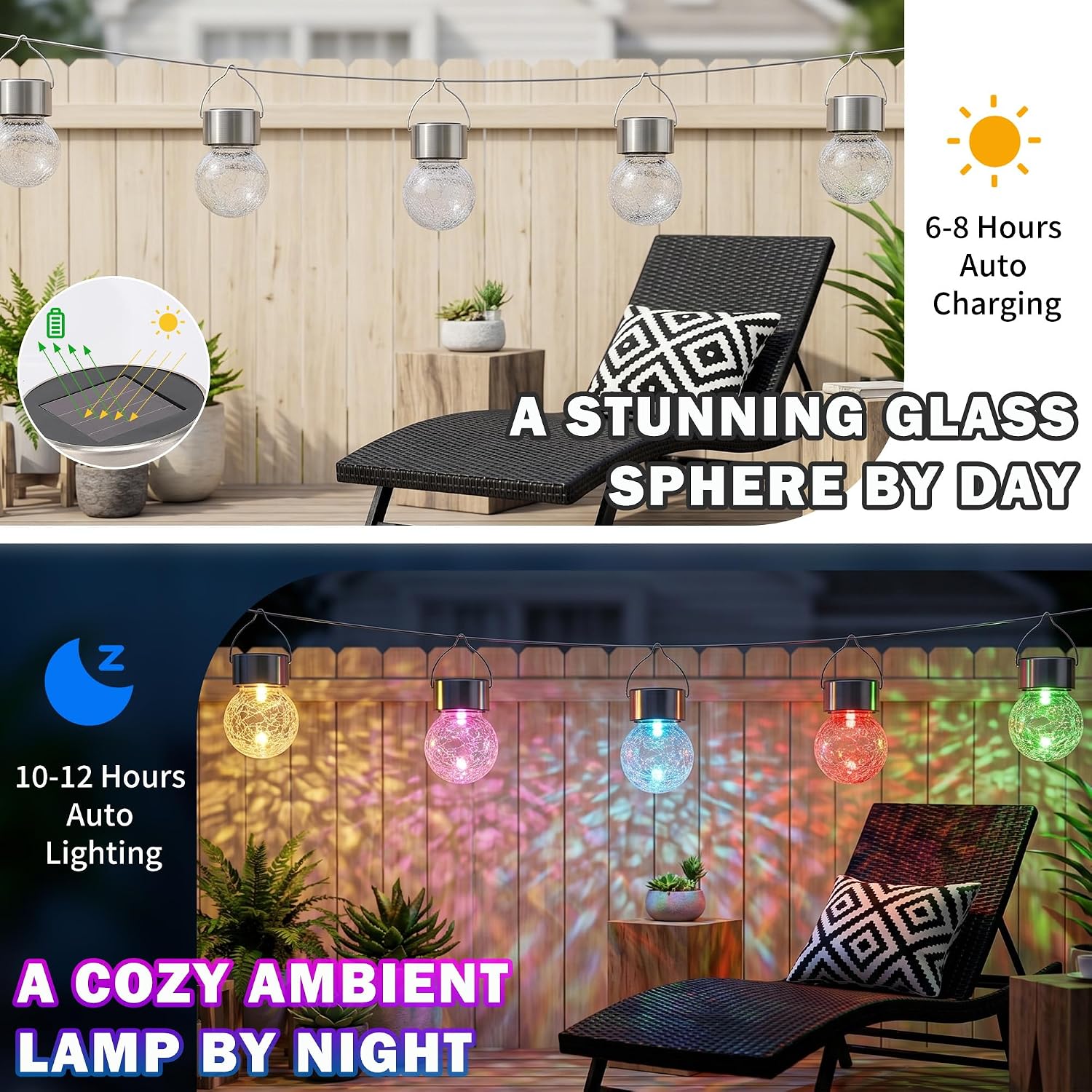Thumbnail 4 de Innvist 8-Pack Outdoor Hanging Solar Lights: Multi-Colour Crackled Glass, IP65, Battery-Powered Ambience