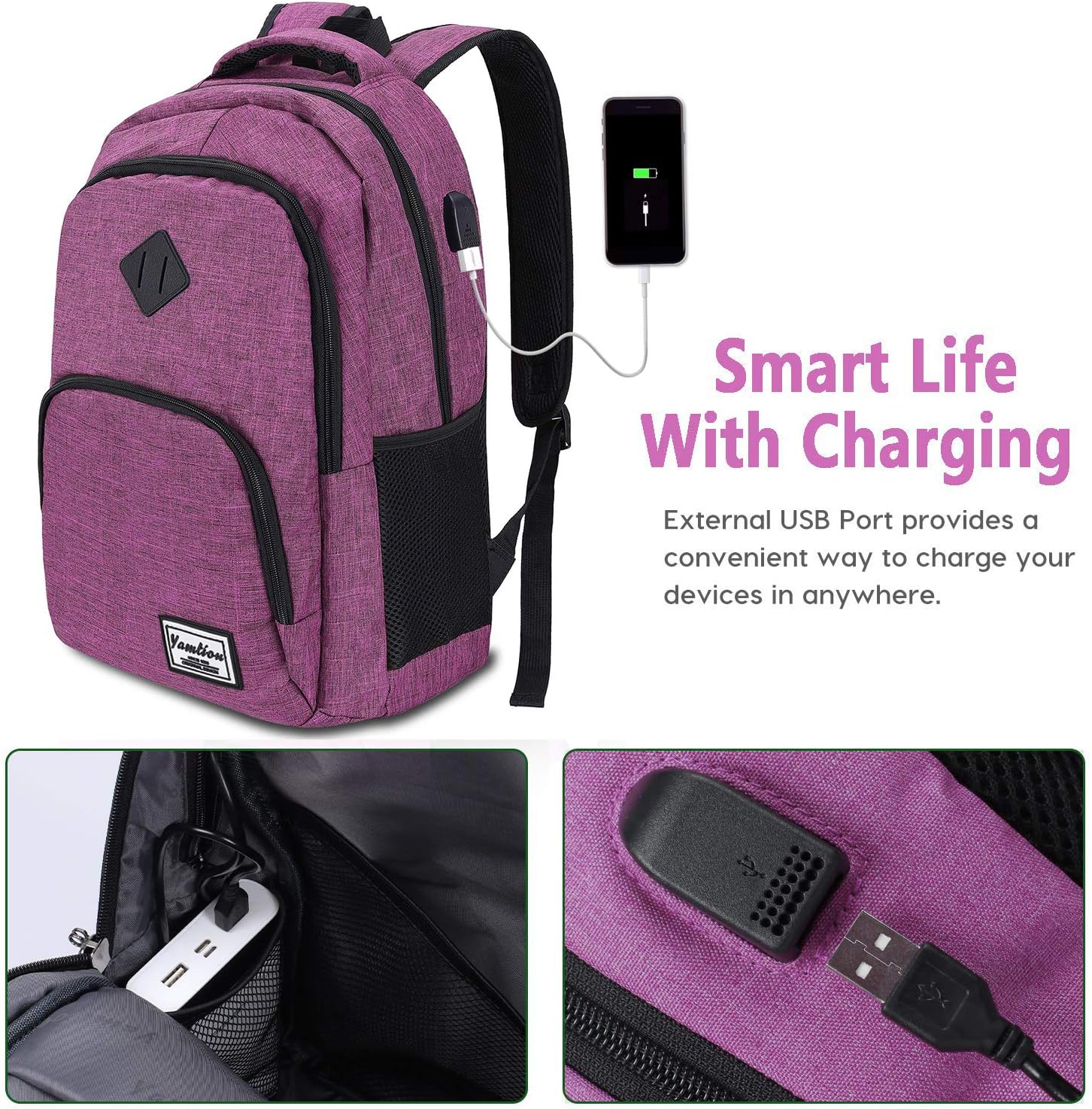 Detalle de YAMTION Schulrucksack für Damen und Mädchen – 35L, Laptopfach 15,6 Zoll, USB-Ladeanschluss