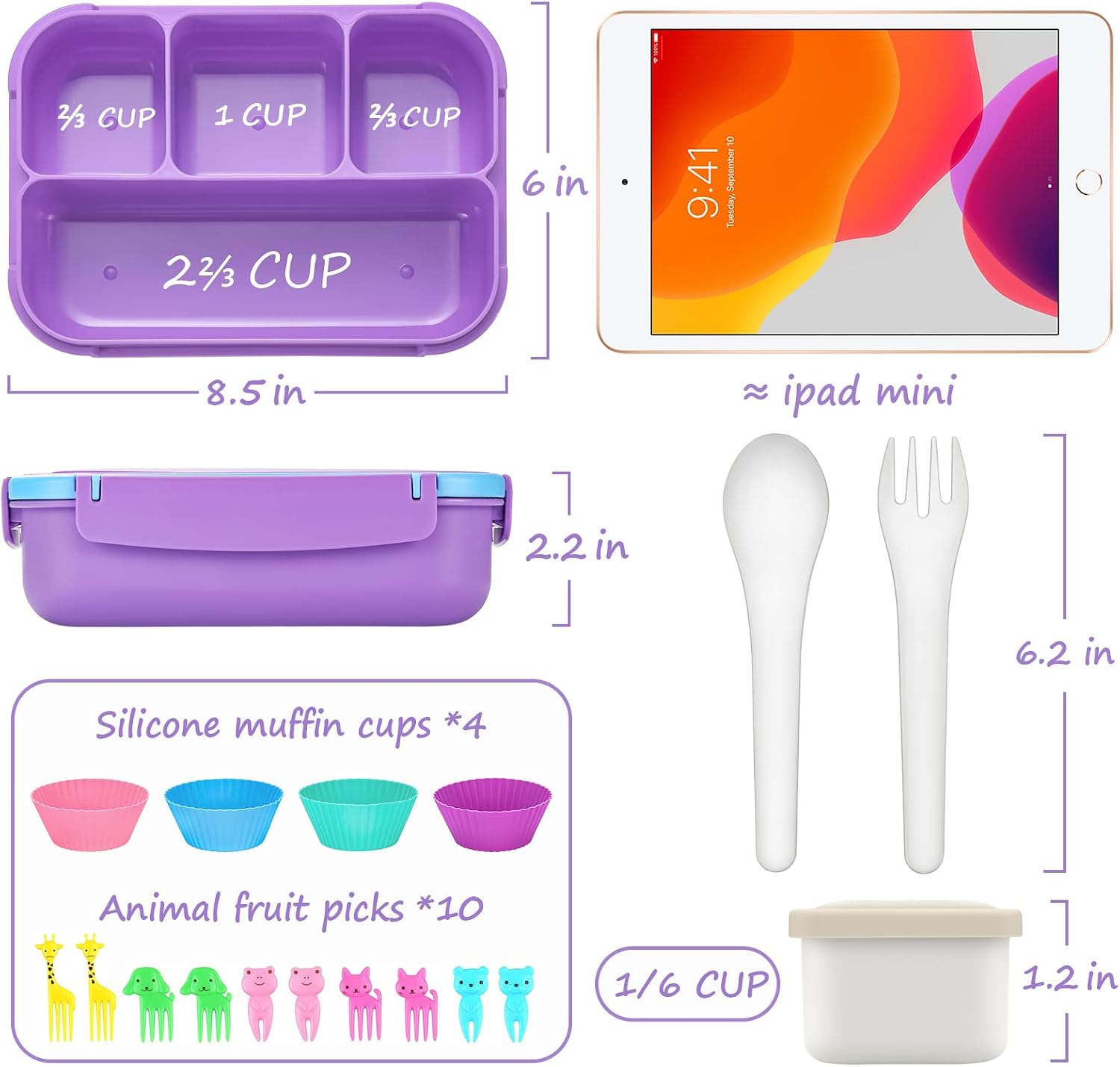 Detalle de QQKO Bento Lunch Box for Kids — 4-Compartment Lunch Container with Accessories, Purple