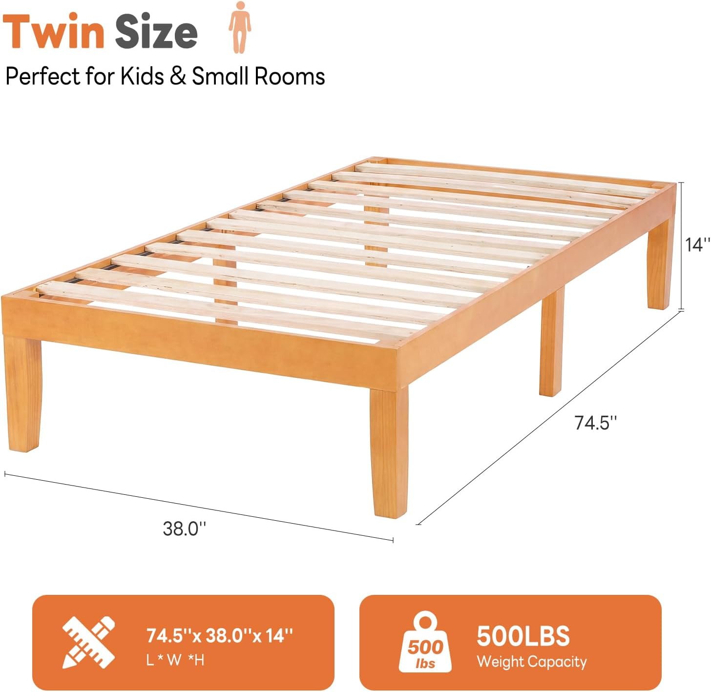 Detalle de Sweetcrispy Twin Bed Frame, Natural Pine
