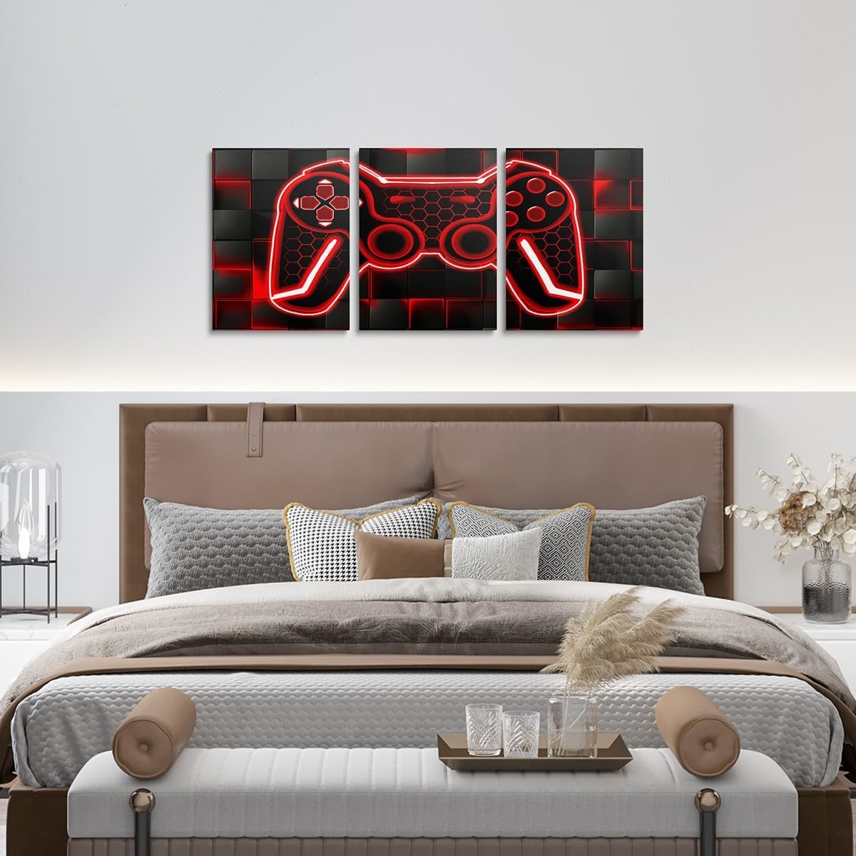 Detalle de Loussiesd Gamer 3er Poster Set – Wohnzimmer Rot & Schwarz, Geometrische Leinwandbilder (3× 30x40 cm)