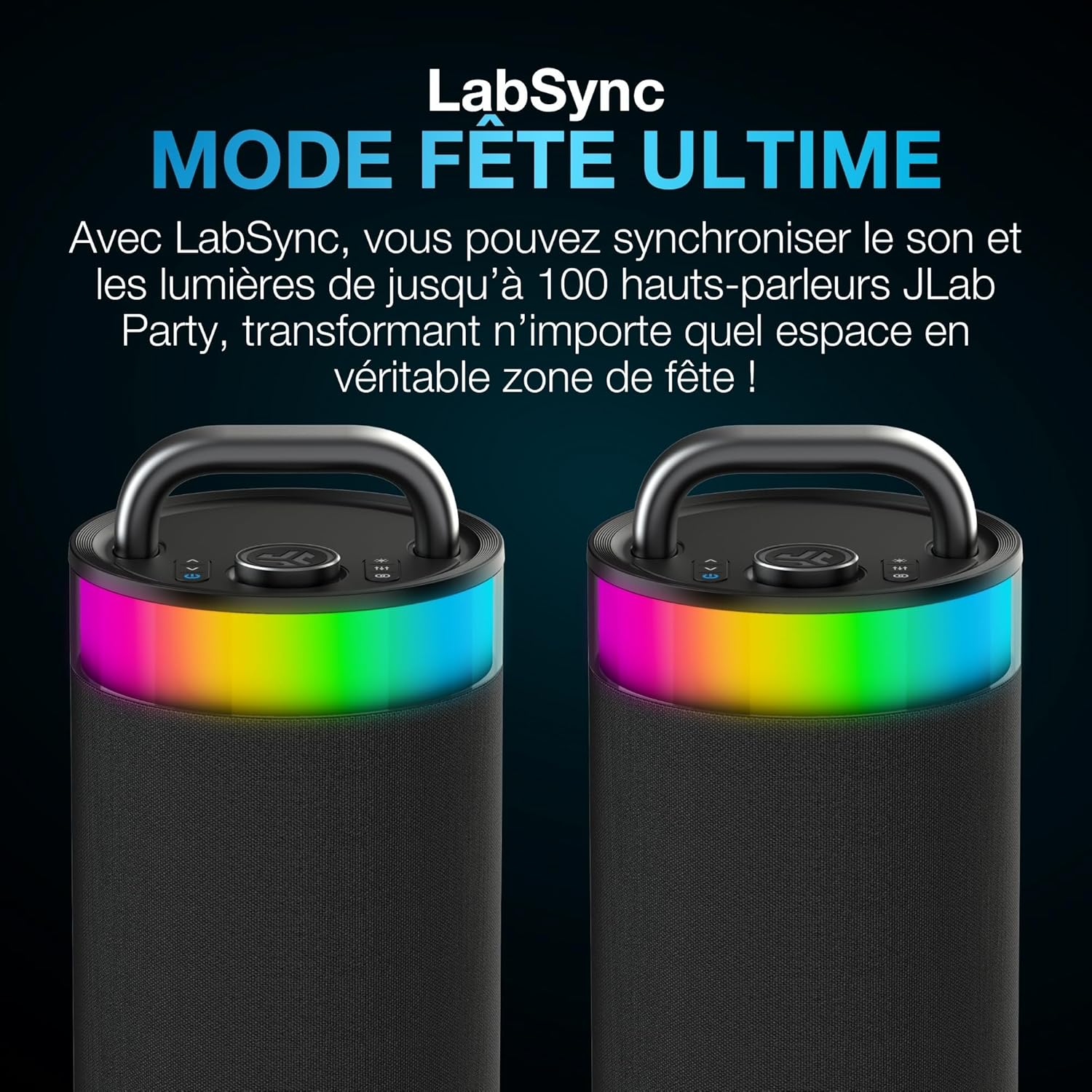 Detalle de JLab Epic Party enceinte Bluetooth portable 100W IP56, autonomie jusqu’à 16 h et lumières RGB