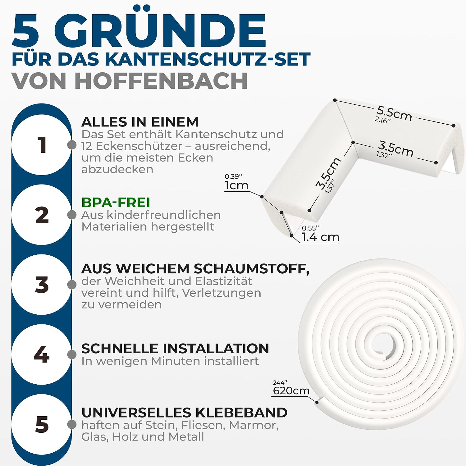 Thumbnail 2 de Hoffenbach Kantenschutz Baby aus Schaumstoff – 6,2 m Tischkantenschutz & 12 Eckenschutz (Weiß)