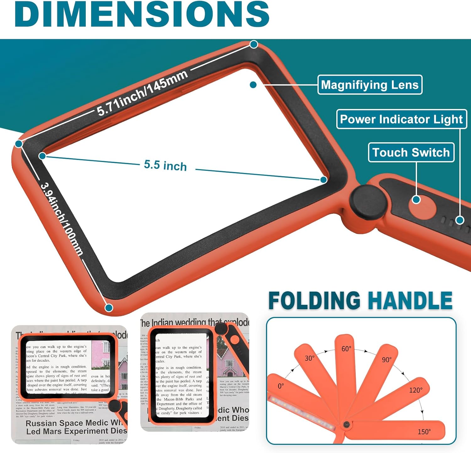Thumbnail 3 de Tobegiga 5X Magnifying Glass with Light (Orange) – Large Reading Lens with Dimmable LED, USB‑C Rechargeable