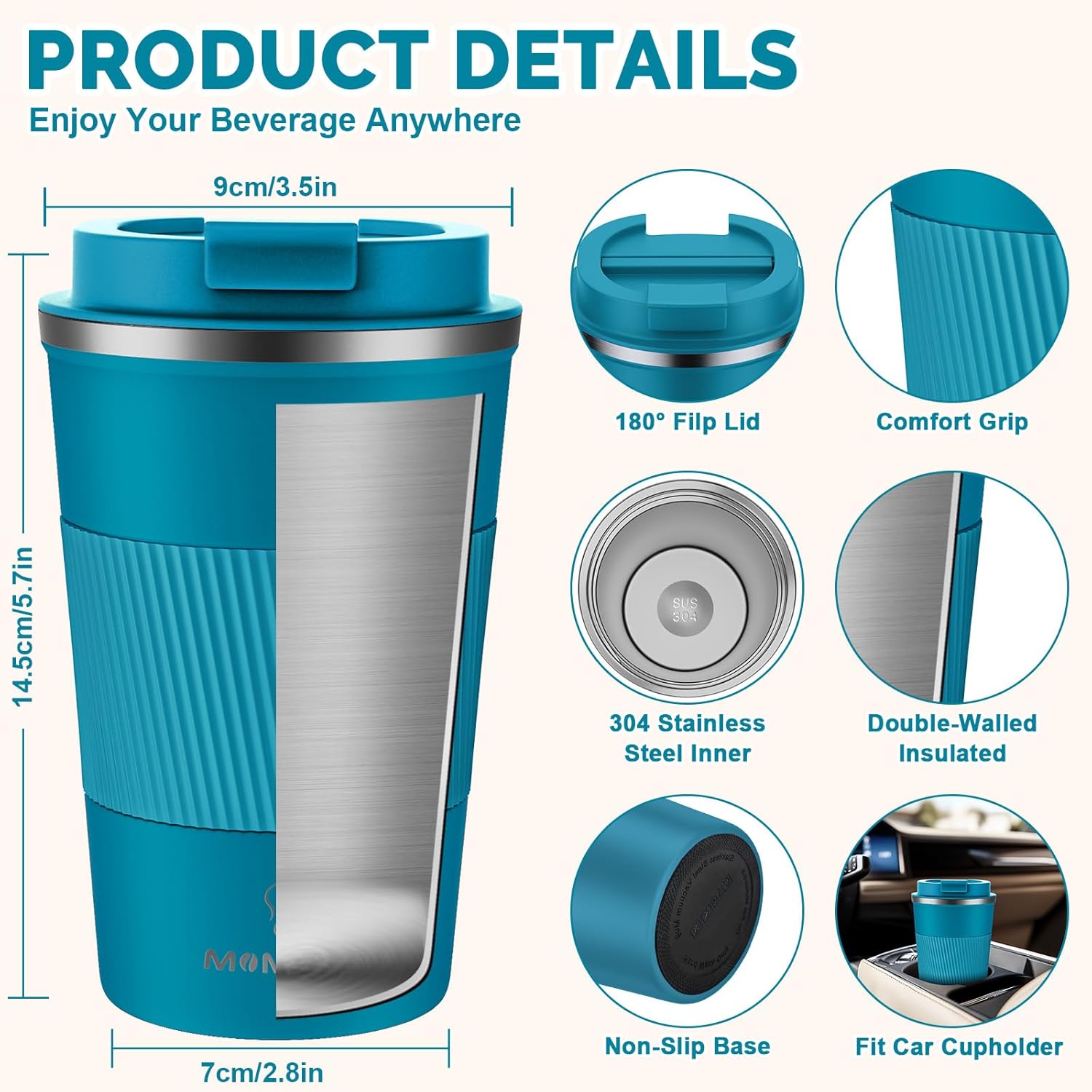 Thumbnail 1 de MOMSIV Thermobecher Isolierbecher 380 ml – rutschfester Vakuum-Travel Mug mit Deckel