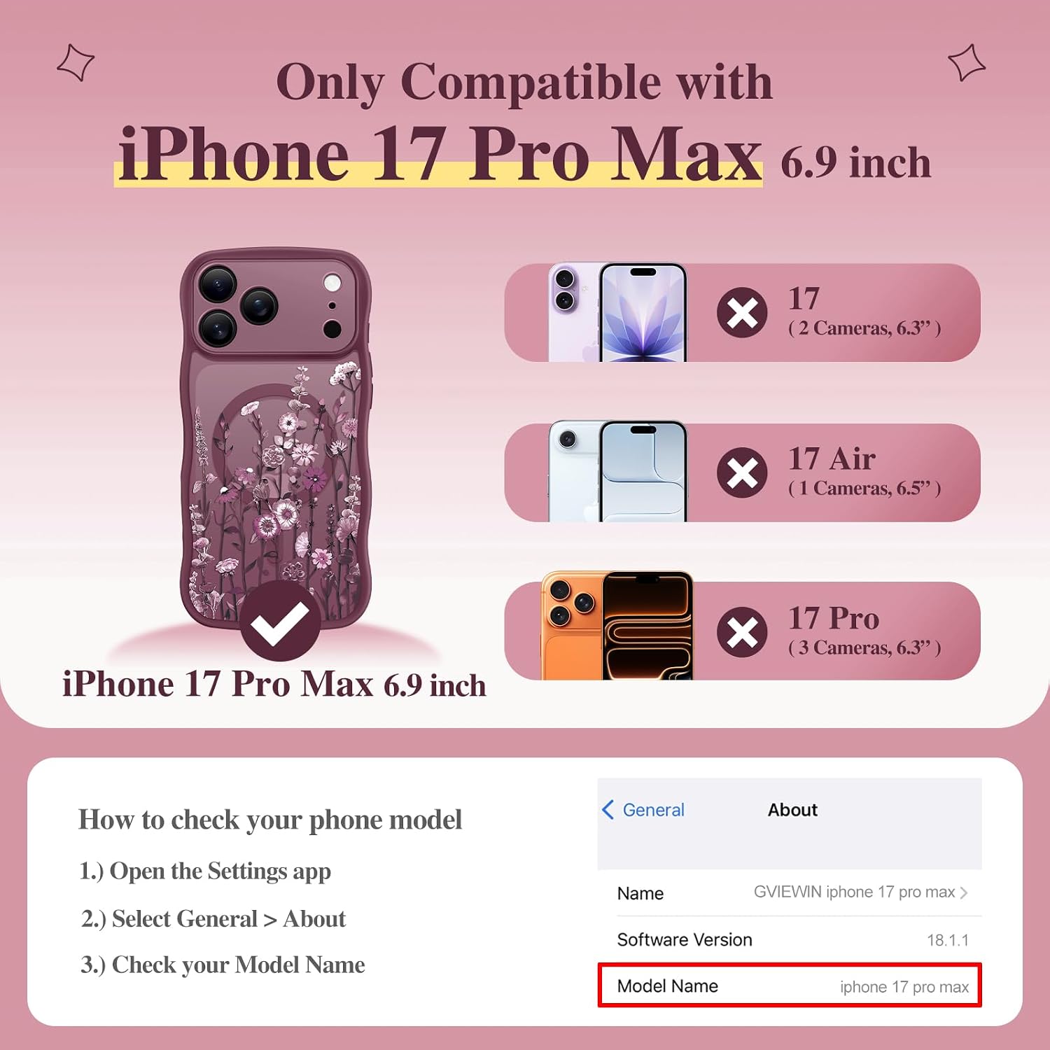 Detalle 2 de GVIEWIN Floral Translucent MagSafe Case for iPhone 17 Pro Max (Curly Wave Edge) – Full Camera Protection