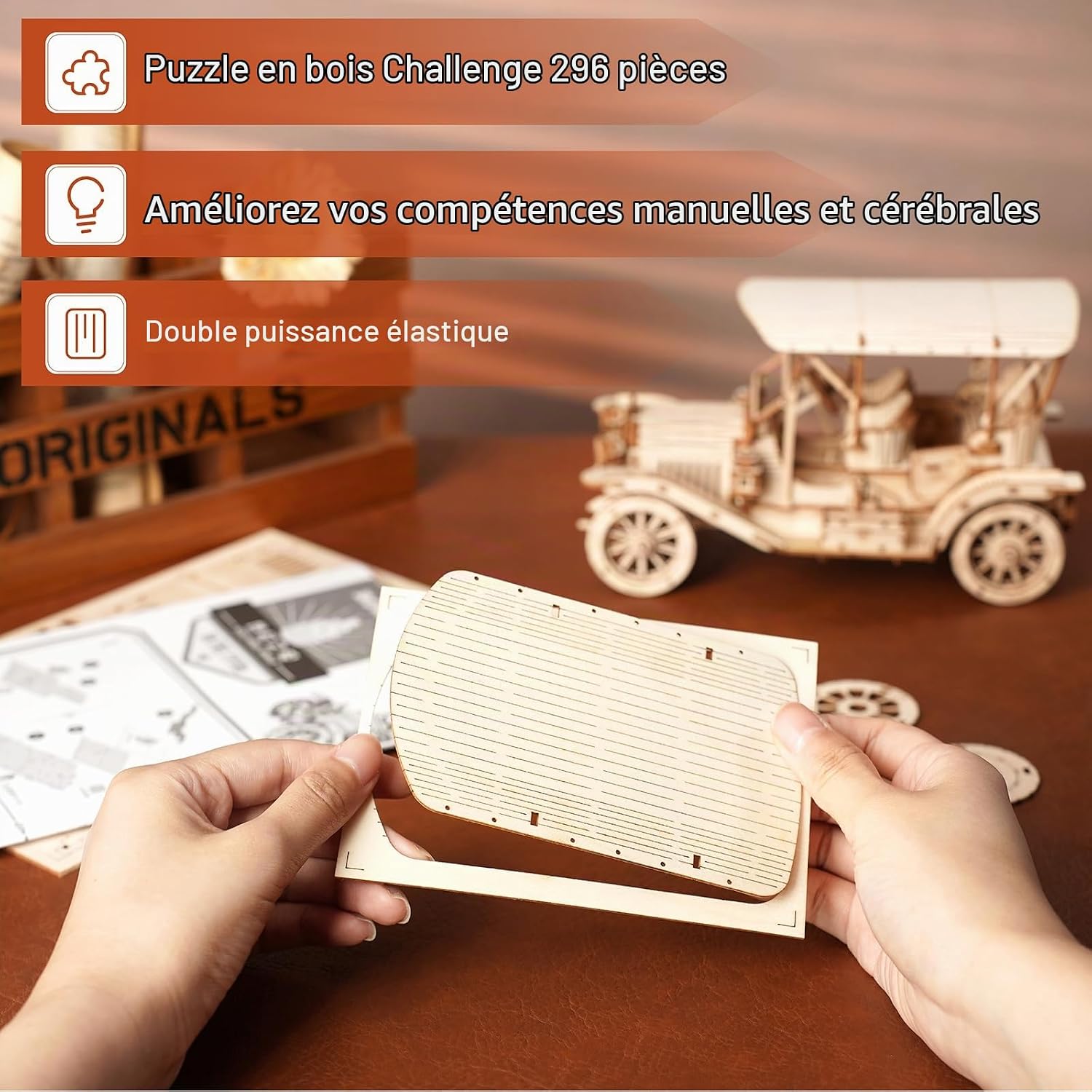 Thumbnail 4 de ROBOTIME ZQRT-MC801 houten 3D-puzzel: mechanische vintage auto