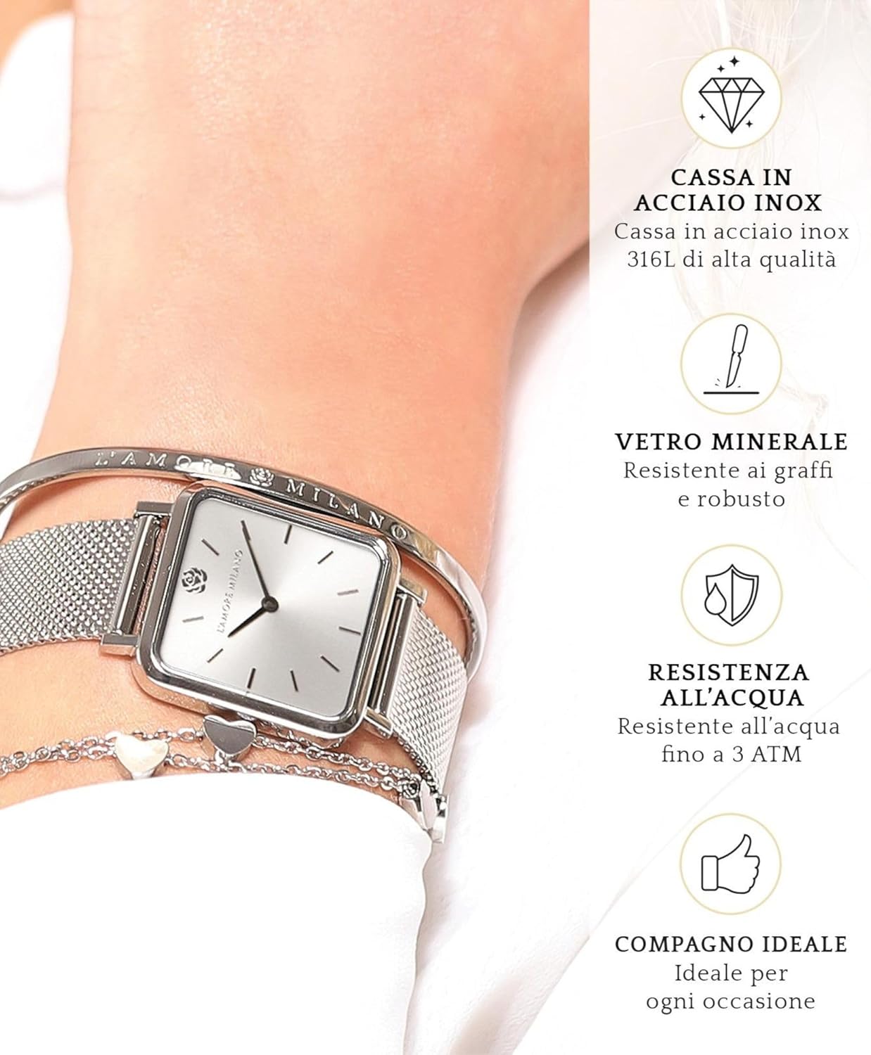 Thumbnail 3 de L'AMORE MILANO – Orologio donna in scatola regalo, quadrato 28 mm, oro rosa/argento/oro