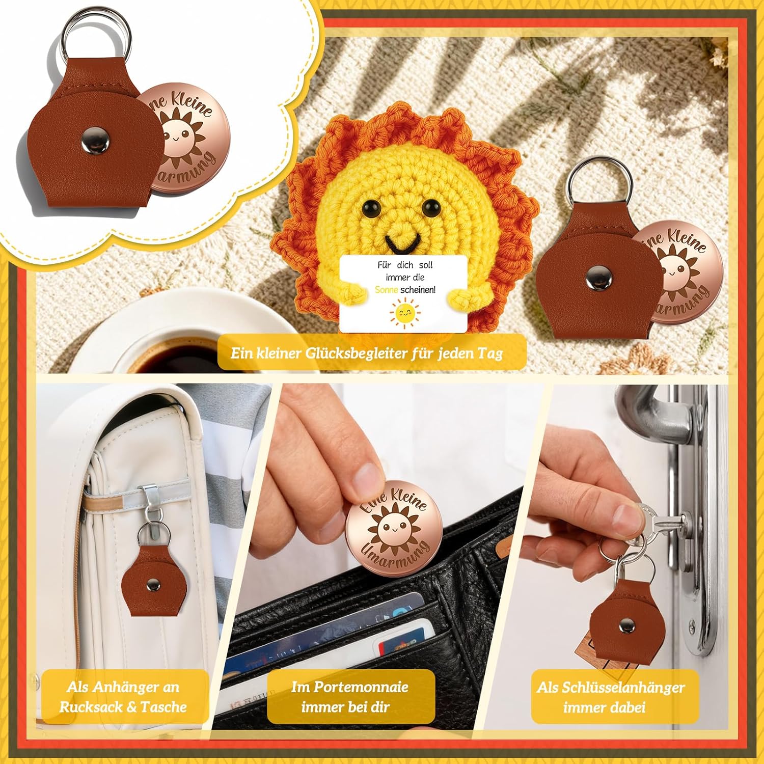 Detalle 2 de Giftota Pocket Hug Sonne – handgehäkeltes Glücksbringer-Set mit Münze und Motivationsbotschaft