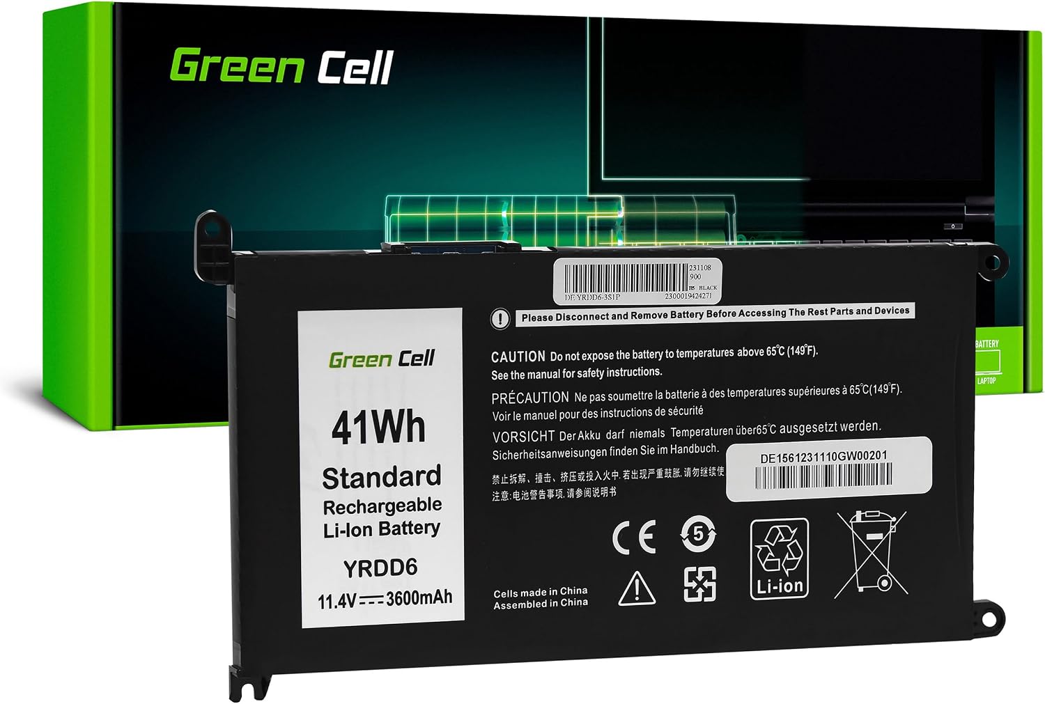 Detalle de Green Cell Batteria YRDD6/01VX1H/1VX1H per Dell Inspiron e Vostro, 3600 mAh, 11,4V - Nero