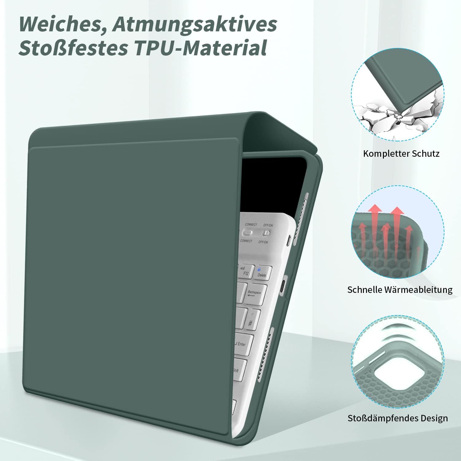 Detalle 2 de ZOYU Hülle mit Tastatur für iPad 9/8/7 (10,2 Zoll) – QWERTZ Bluetooth-Folio in Dunkelgrün