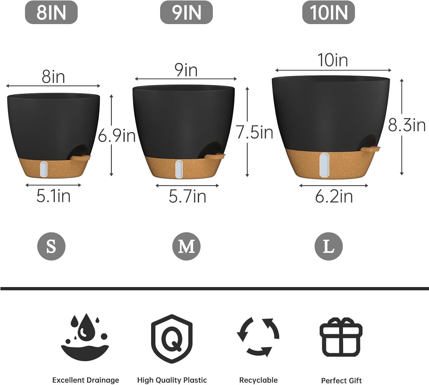 Detalle de ZMTECH Self-Watering Plant Pots, 8/9/10-Inch 3-Pack with Water-Level Window
