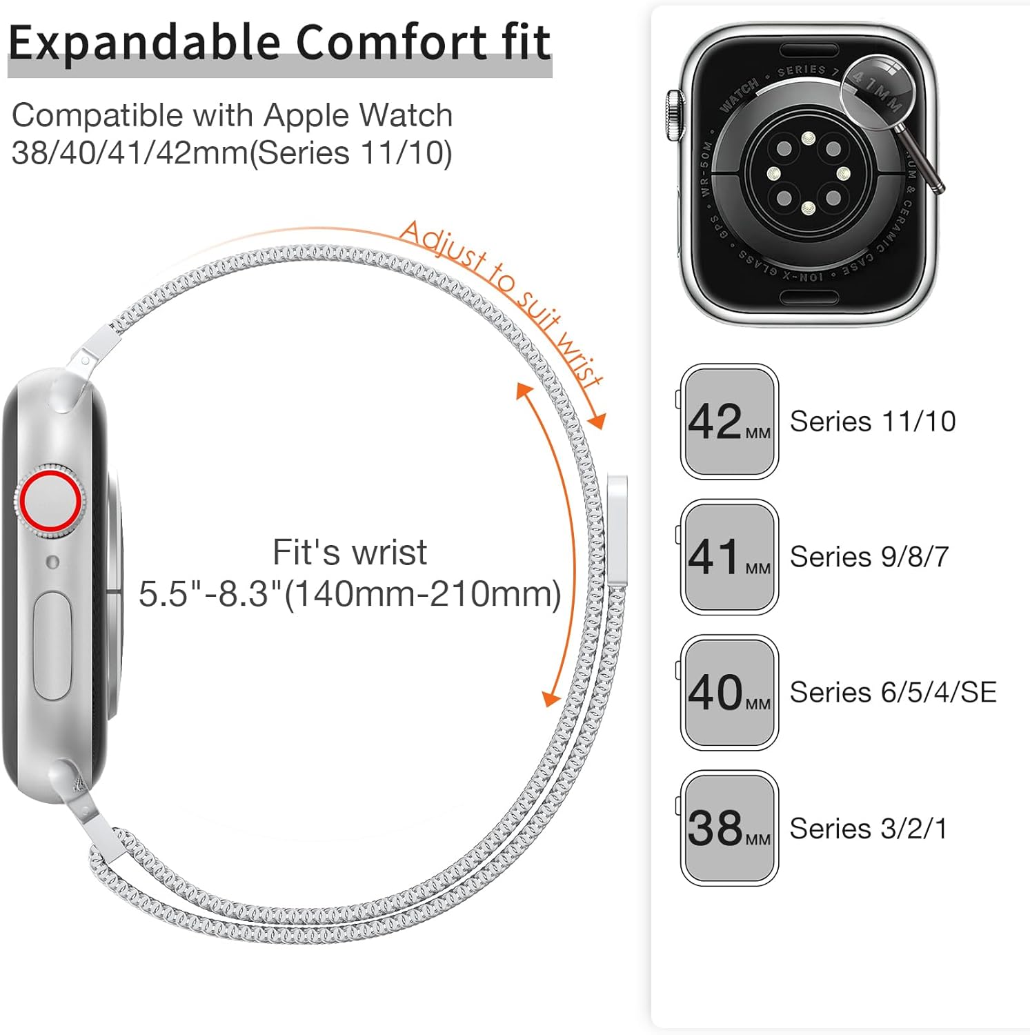 Detalle de MARGE PLUS Slim Milanese Loop for Apple Watch – Stainless Steel Magnetic Mesh Band (40–46mm) for Women