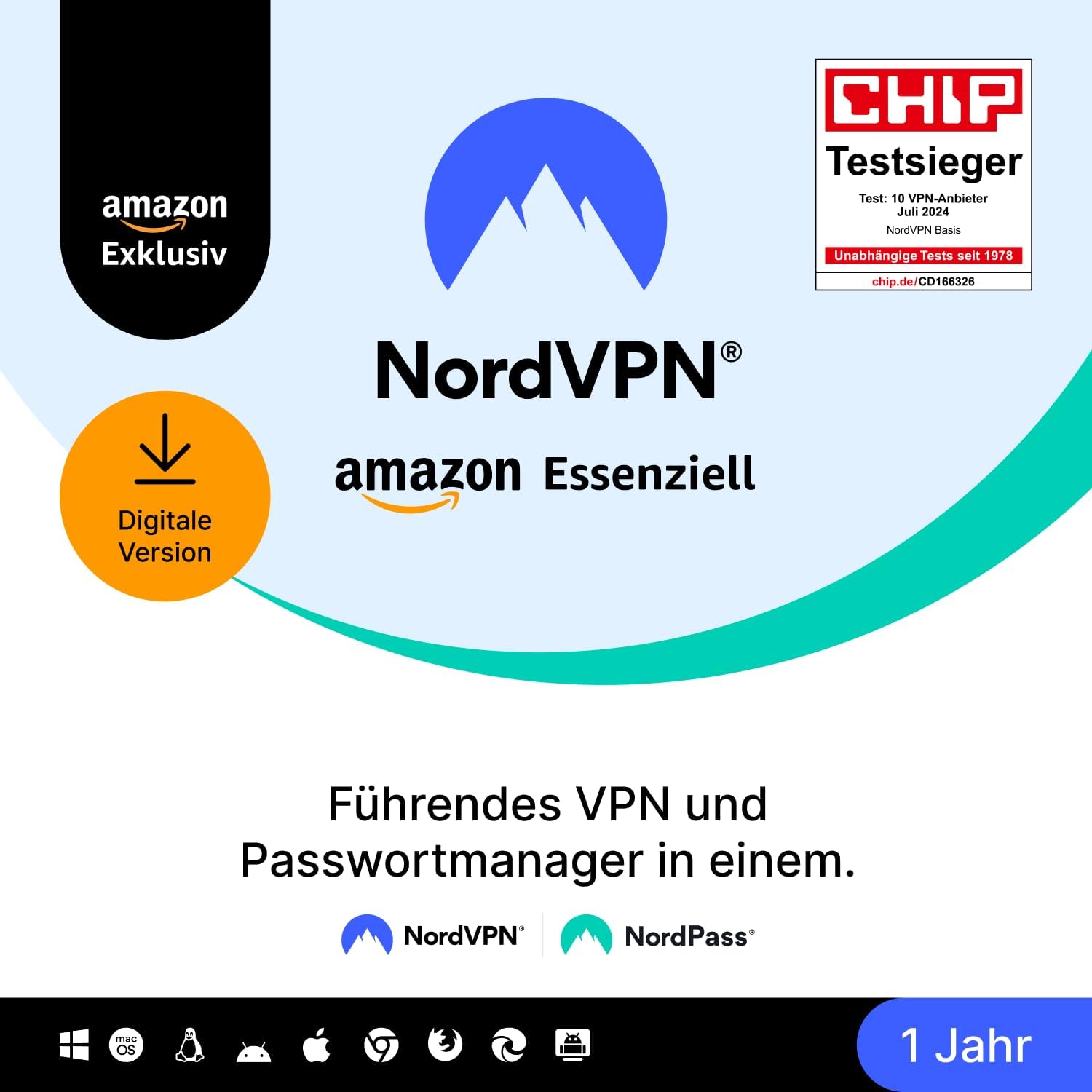 Detalle de NordVPN Amazon Essenziell – VPN & Passwort-Manager, 10 Geräte, 1 Jahr, Digital-Code