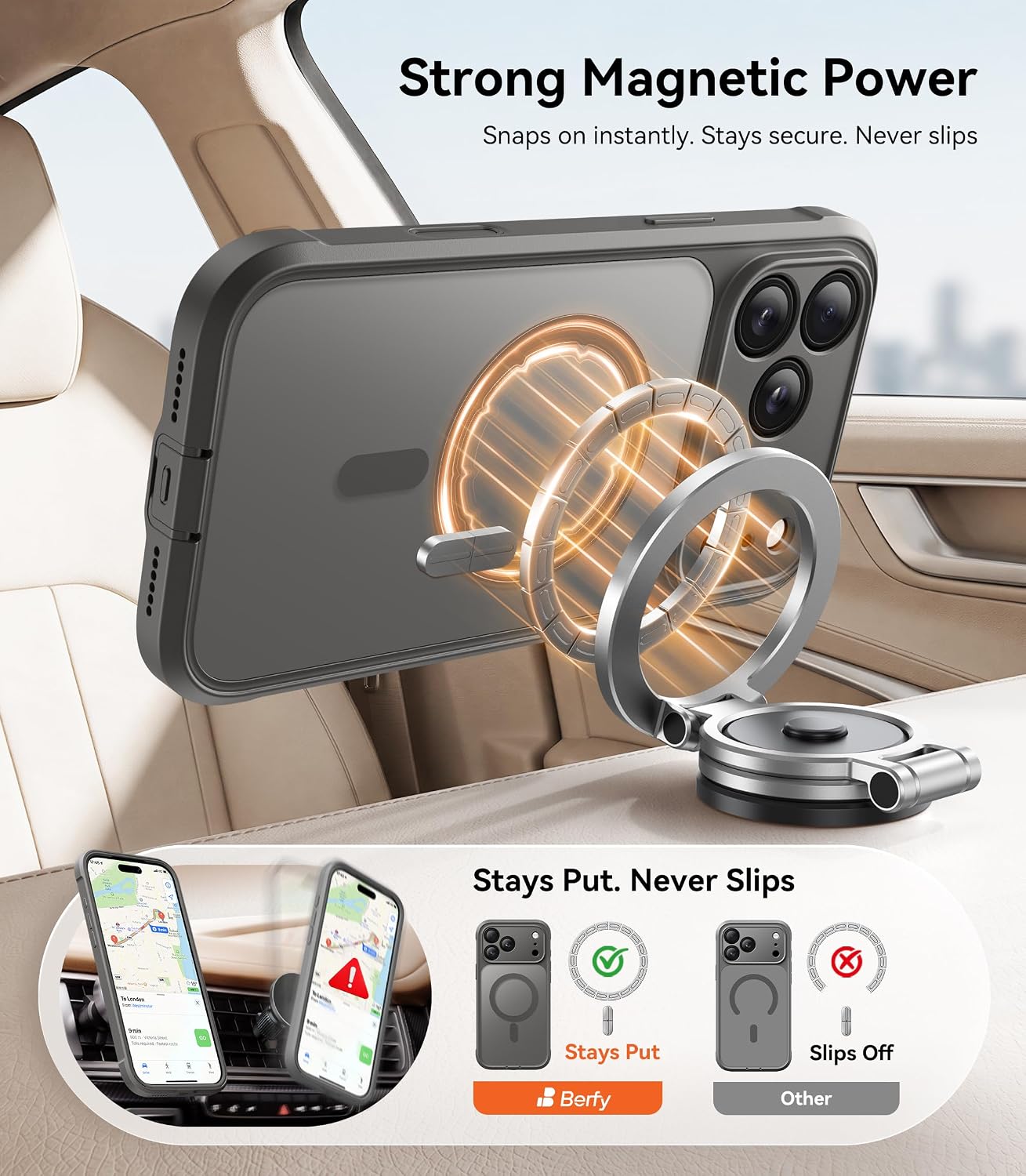 Detalle de BERFY iPhone 17 Pro Max Case with Built-in Privacy Screen — MagSafe Compatible, 360° Shield in Clear Grey