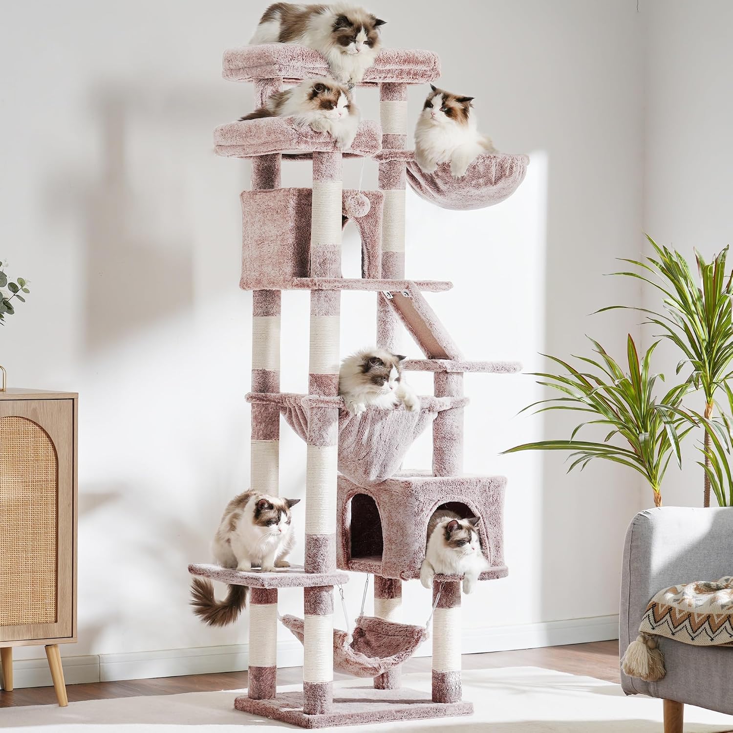 Detalle 2 de Heybly Kratzbaum 180 cm – Hoher Katzenturm mit 2 Plattformen, 2 Schlafhäusern, 2 Hängematten, Korb und Kratzbrett (Braun-Beige) HCT034MU