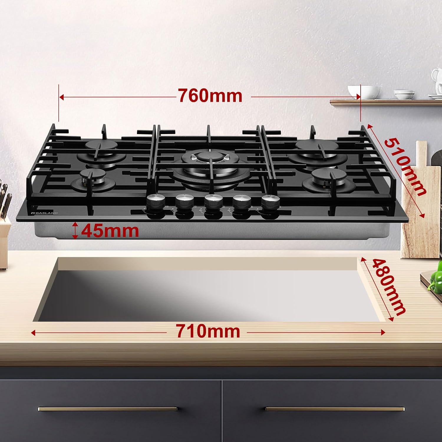 Detalle de GASLAND GH2805BG1FC 76 cm Glas Gaskochfeld mit 5 Flammen und Wok-Brenner