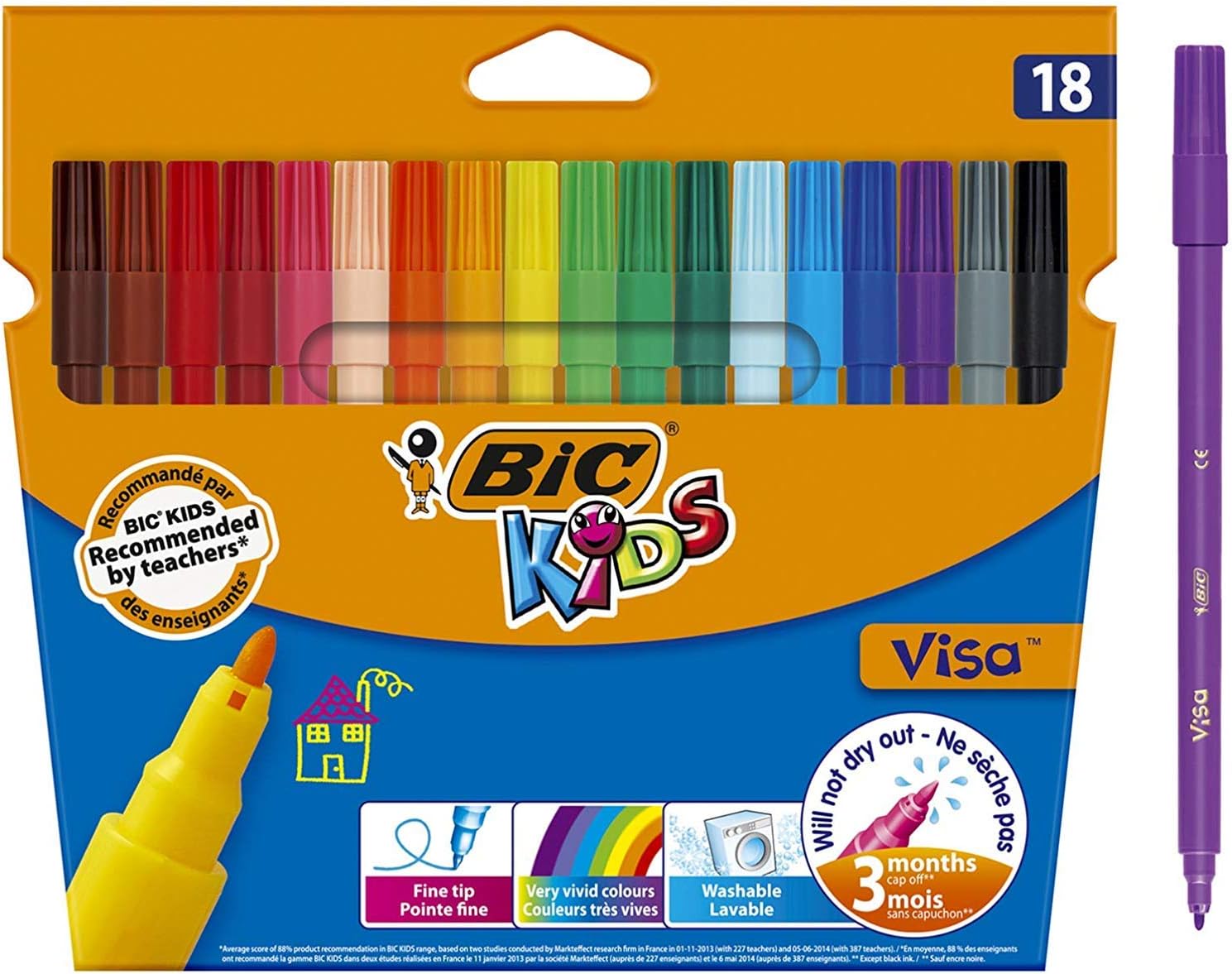 Detalle de BIC Kids Visa tuschpennor med fin spets, 18 färger och vattenbaserat bläck