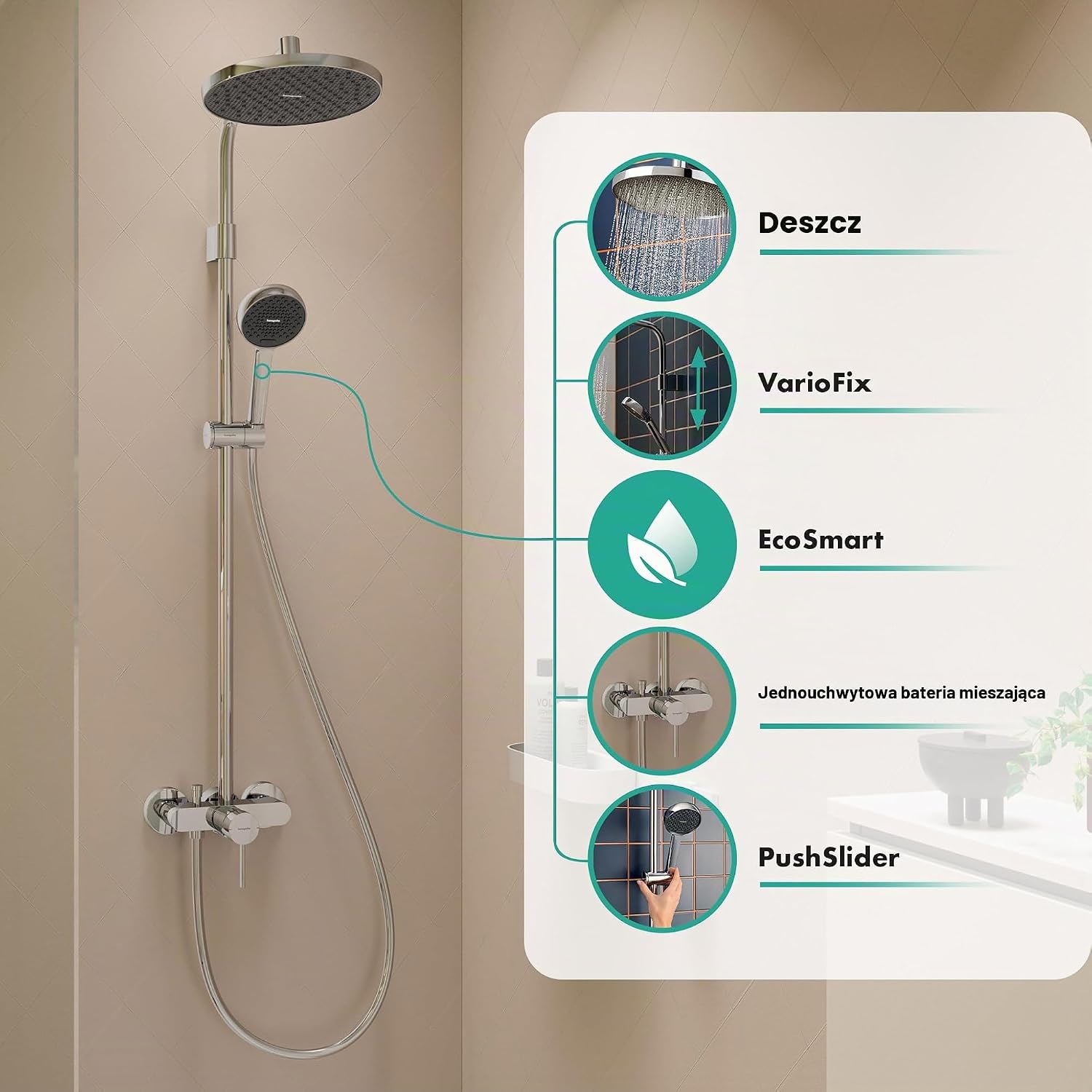 Detalle de hansgrohe Activera S 28875000 – zestaw prysznicowy EcoSmart z deszczownicą 240 mm