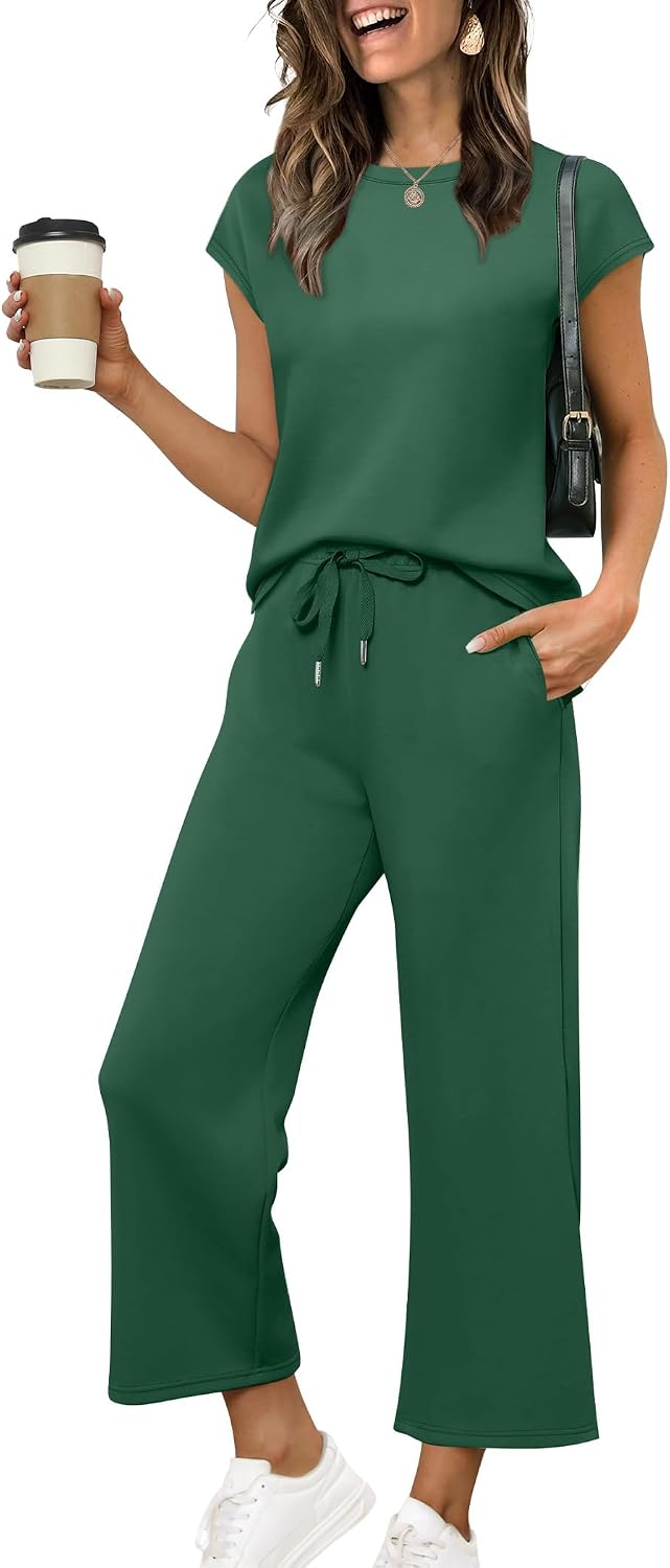 Detalle de Sampeel Two Piece Sets for Women: Cap Sleeve Tops & Wide-Leg Crop Pants for Summer Vacations