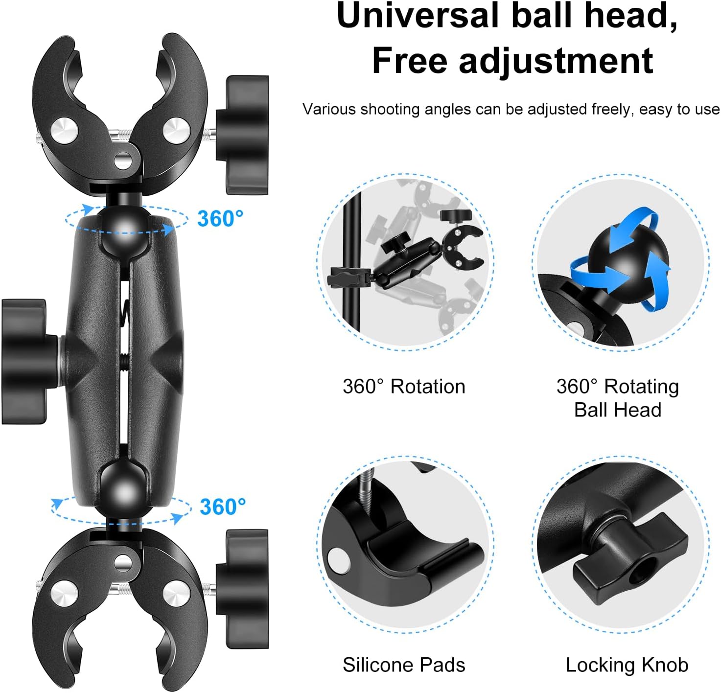 Thumbnail 3 de Double Super Crab Clamp motorcycle handlebar tap-action camera clamp with rotating ball head (360°) — dual clamp for action cameras, rods and tripods