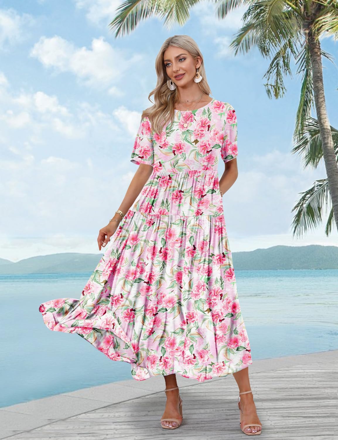 Detalle de YESNO Women Casual Loose Bohemian Floral Maxi Dress with Pockets